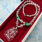 Rare Lalique Style Pendant Necklace Deco Egyptian Revival Intaglio Carved Glass & Sea Green Czech Crystal Collar