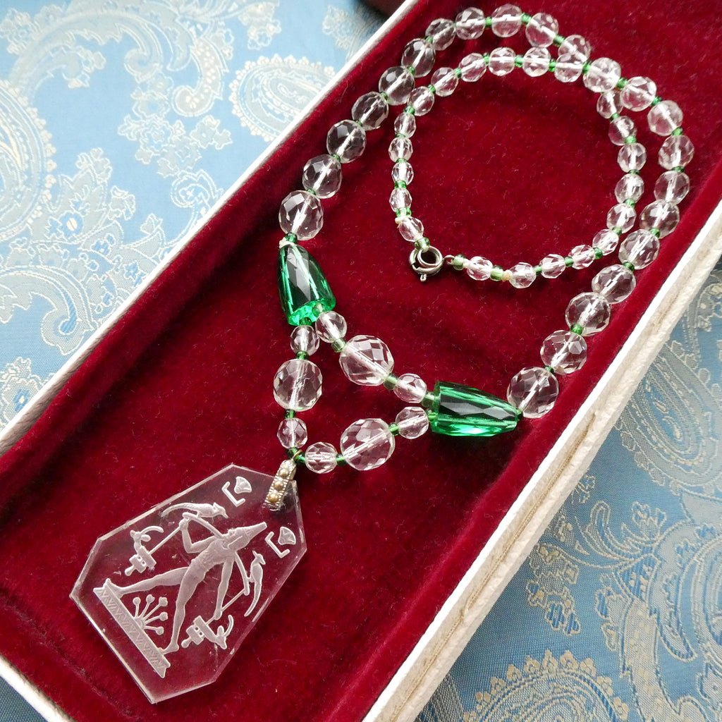 Rare Lalique Style Pendant Necklace Deco Egyptian Revival Intaglio Carved Glass & Sea Green Czech Crystal Collar