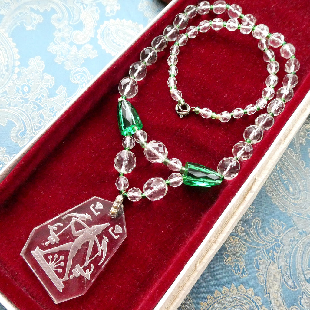 Rare Lalique Style Pendant Necklace Deco Egyptian Revival Intaglio Carved Glass & Sea Green Czech Crystal Collar