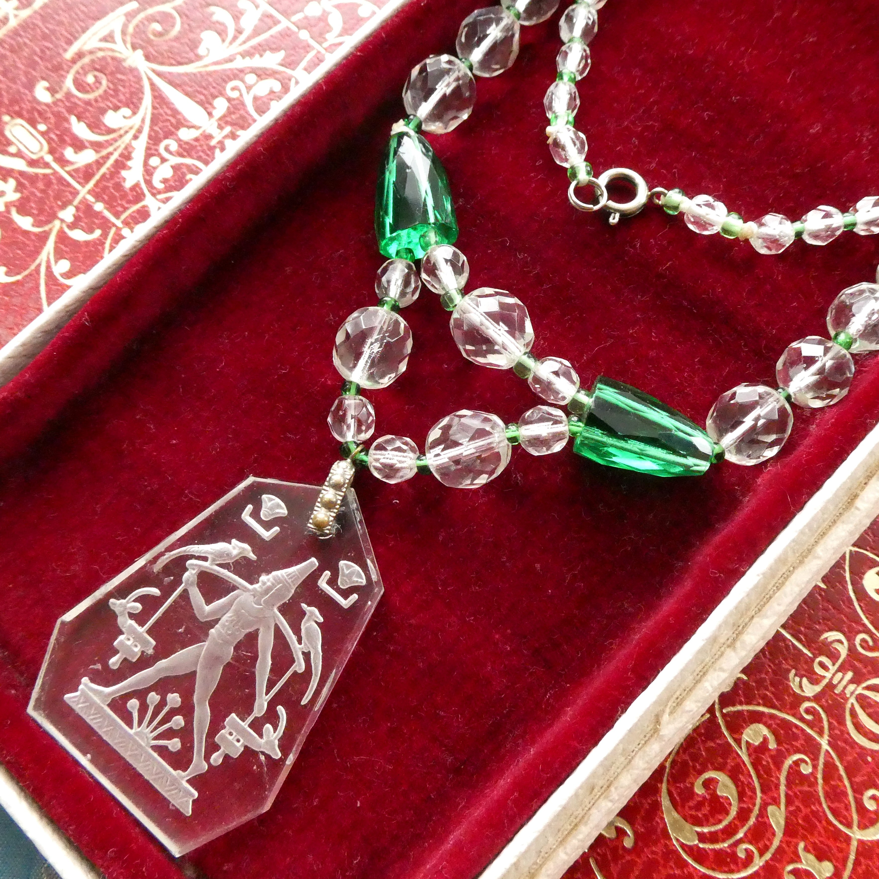 Rare Lalique Style Pendant Necklace Deco Egyptian Revival Intaglio Carved Glass & Sea Green Czech Crystal Collar