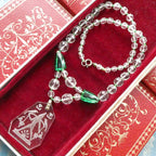 Rare Lalique Style Pendant Necklace Deco Egyptian Revival Intaglio Carved Glass & Sea Green Czech Crystal Collar