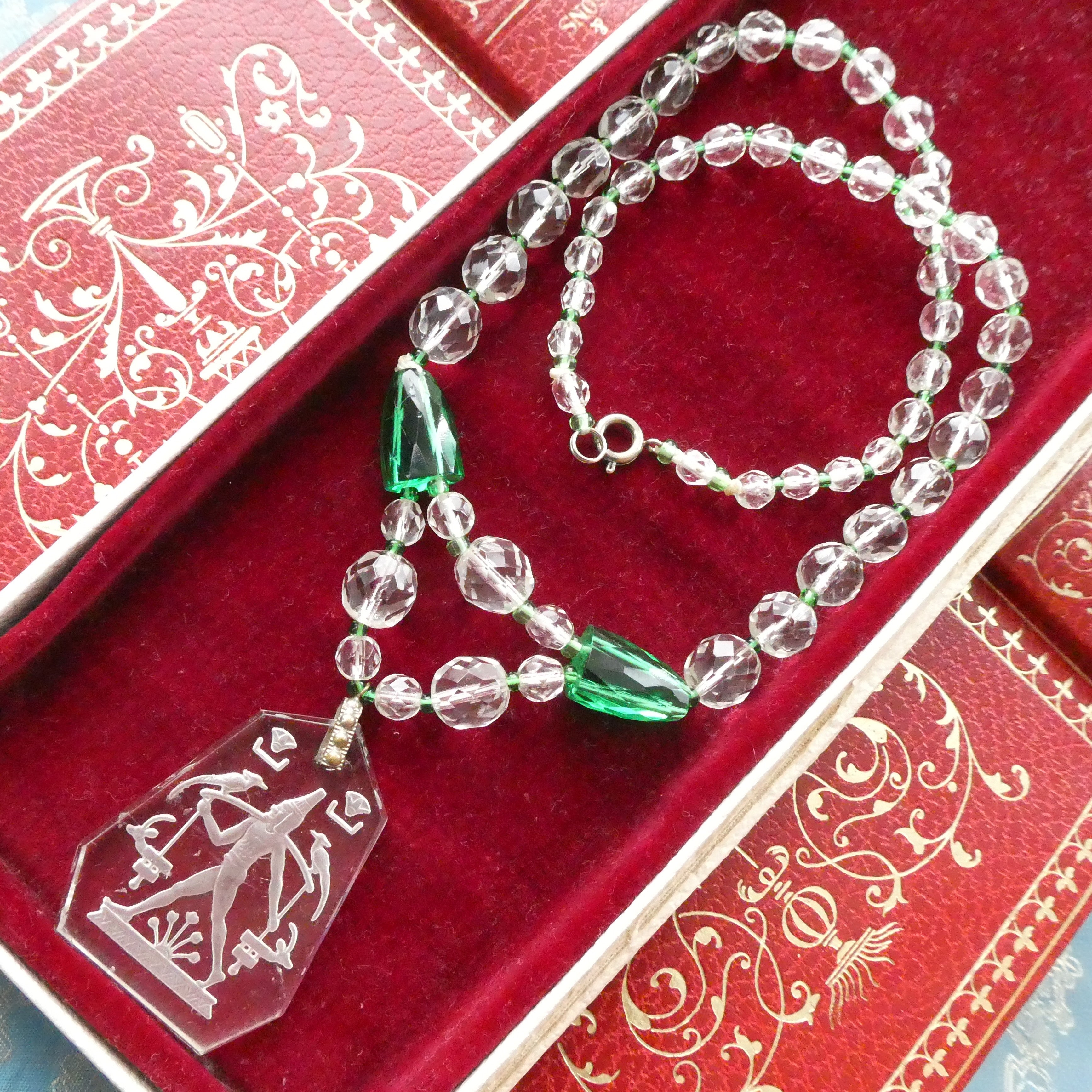 Rare Lalique Style Pendant Necklace Deco Egyptian Revival Intaglio Carved Glass & Sea Green Czech Crystal Collar