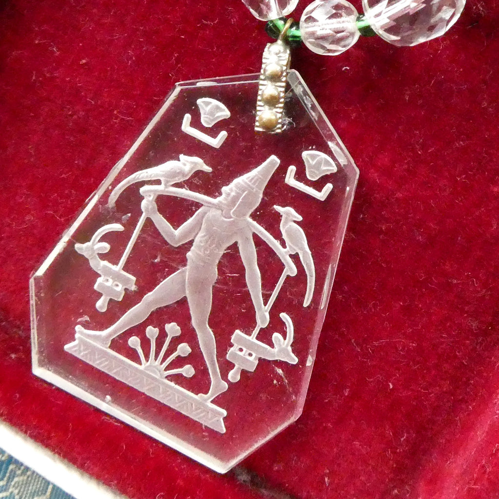 Rare Lalique Style Pendant Necklace Deco Egyptian Revival Intaglio Carved Glass & Sea Green Czech Crystal Collar