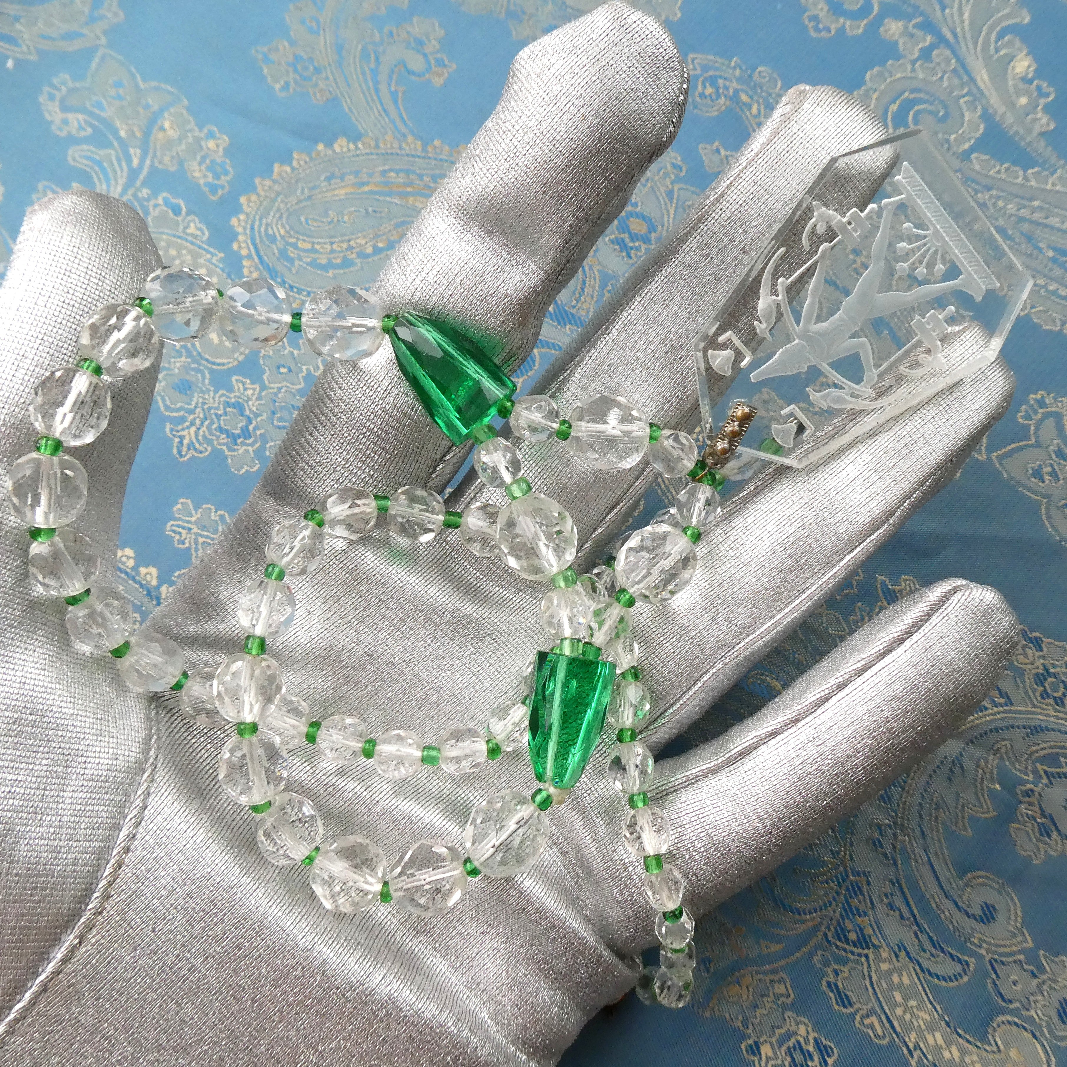 Rare Lalique Style Pendant Necklace Deco Egyptian Revival Intaglio Carved Glass & Sea Green Czech Crystal Collar