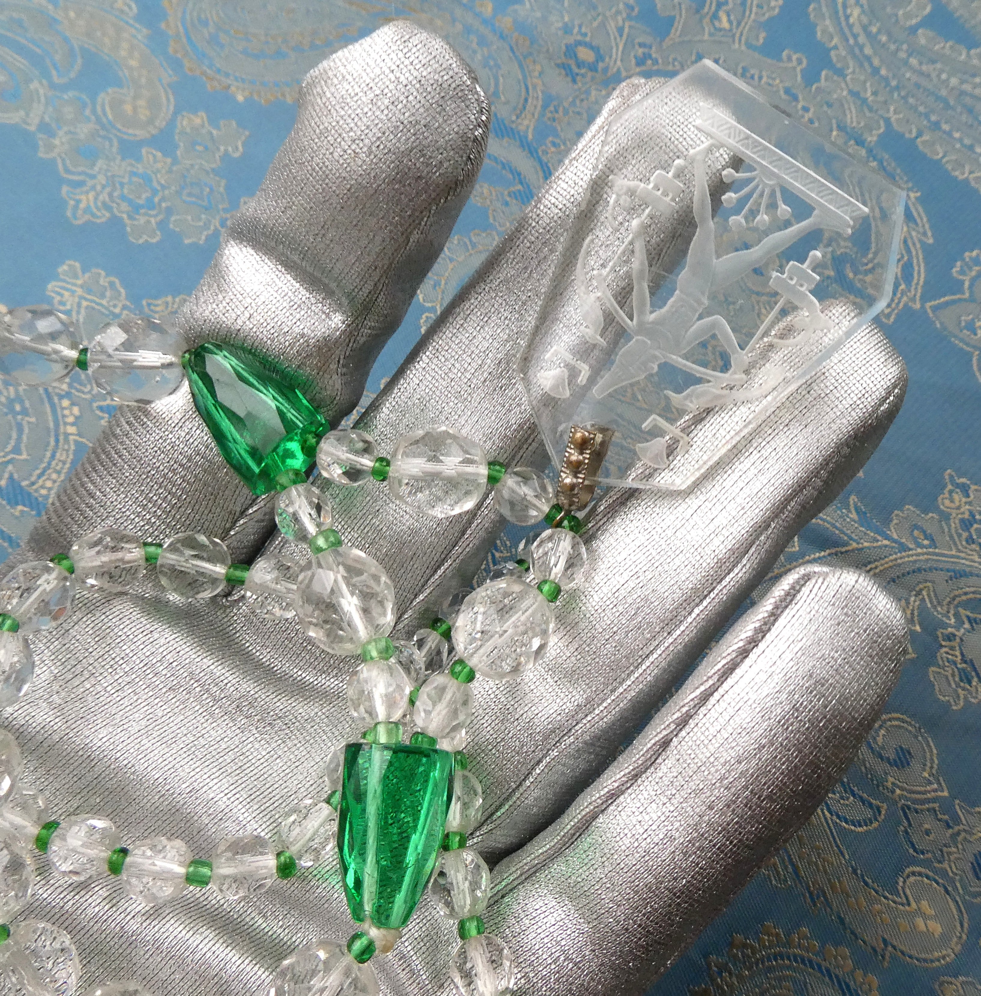 Rare Lalique Style Pendant Necklace Deco Egyptian Revival Intaglio Carved Glass & Sea Green Czech Crystal Collar