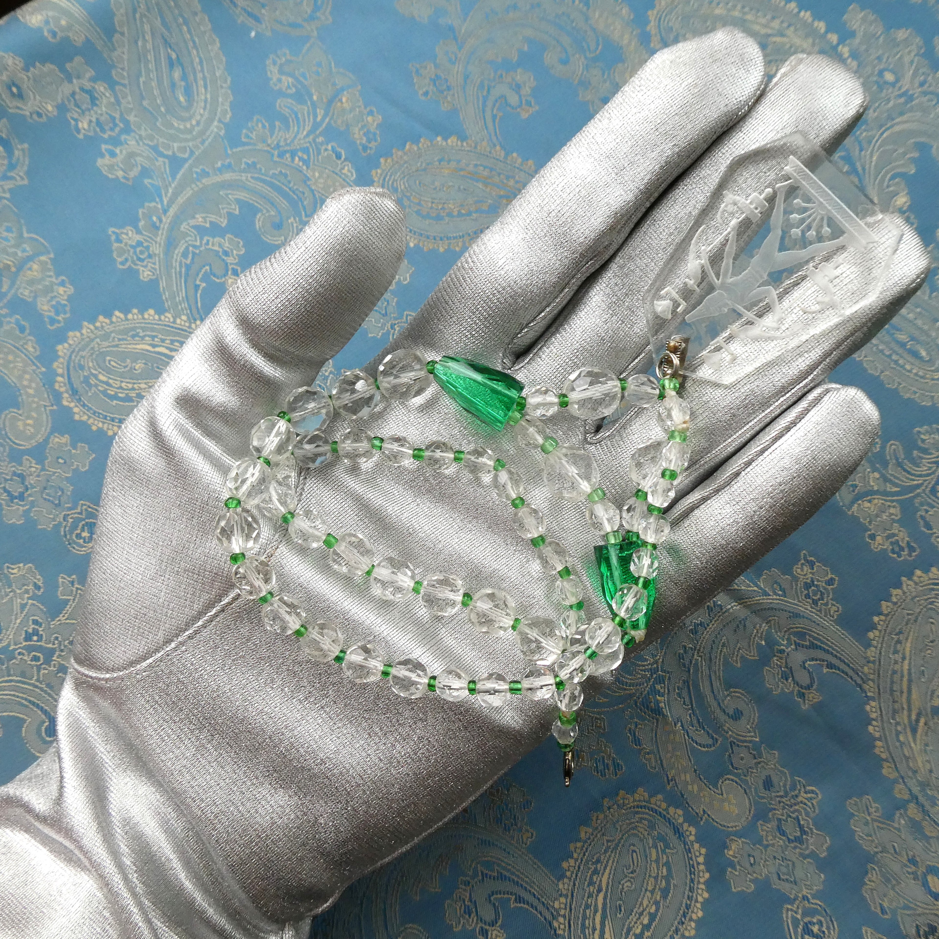 Rare Lalique Style Pendant Necklace Deco Egyptian Revival Intaglio Carved Glass & Sea Green Czech Crystal Collar