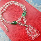 Rare Lalique Style Pendant Necklace Deco Egyptian Revival Intaglio Carved Glass & Sea Green Czech Crystal Collar