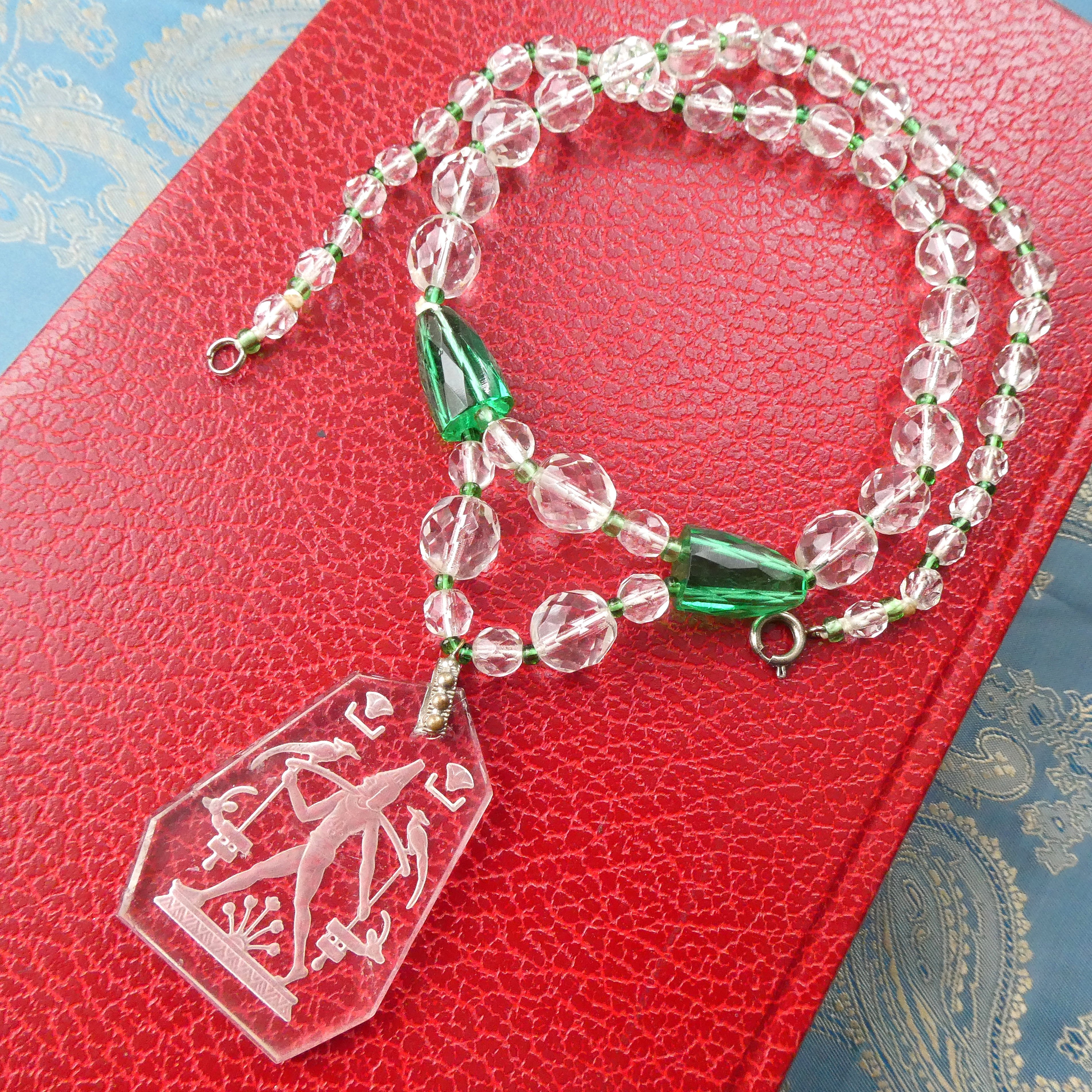 Rare Lalique Style Pendant Necklace Deco Egyptian Revival Intaglio Carved Glass & Sea Green Czech Crystal Collar