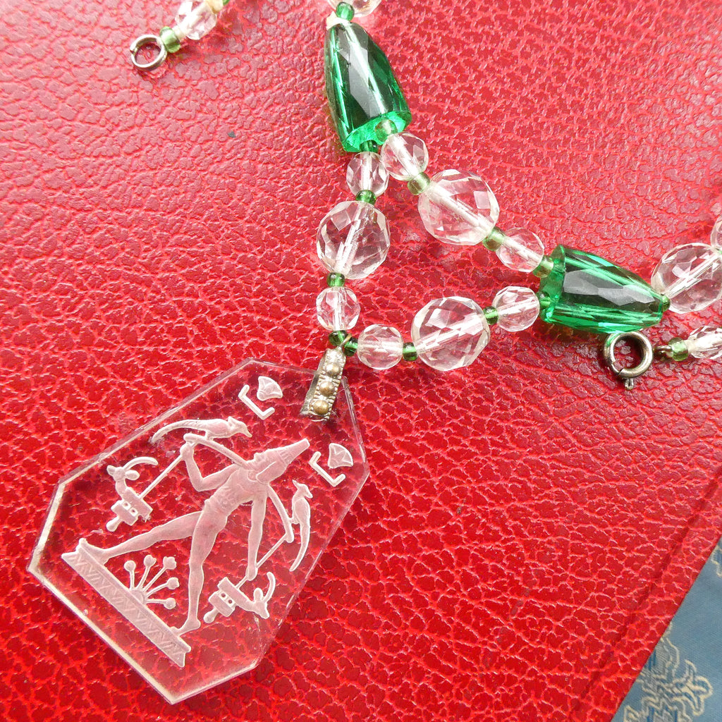 Rare Lalique Style Pendant Necklace Deco Egyptian Revival Intaglio Carved Glass & Sea Green Czech Crystal Collar