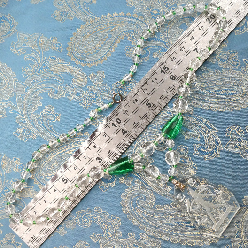 Rare Lalique Style Pendant Necklace Deco Egyptian Revival Intaglio Carved Glass & Sea Green Czech Crystal Collar