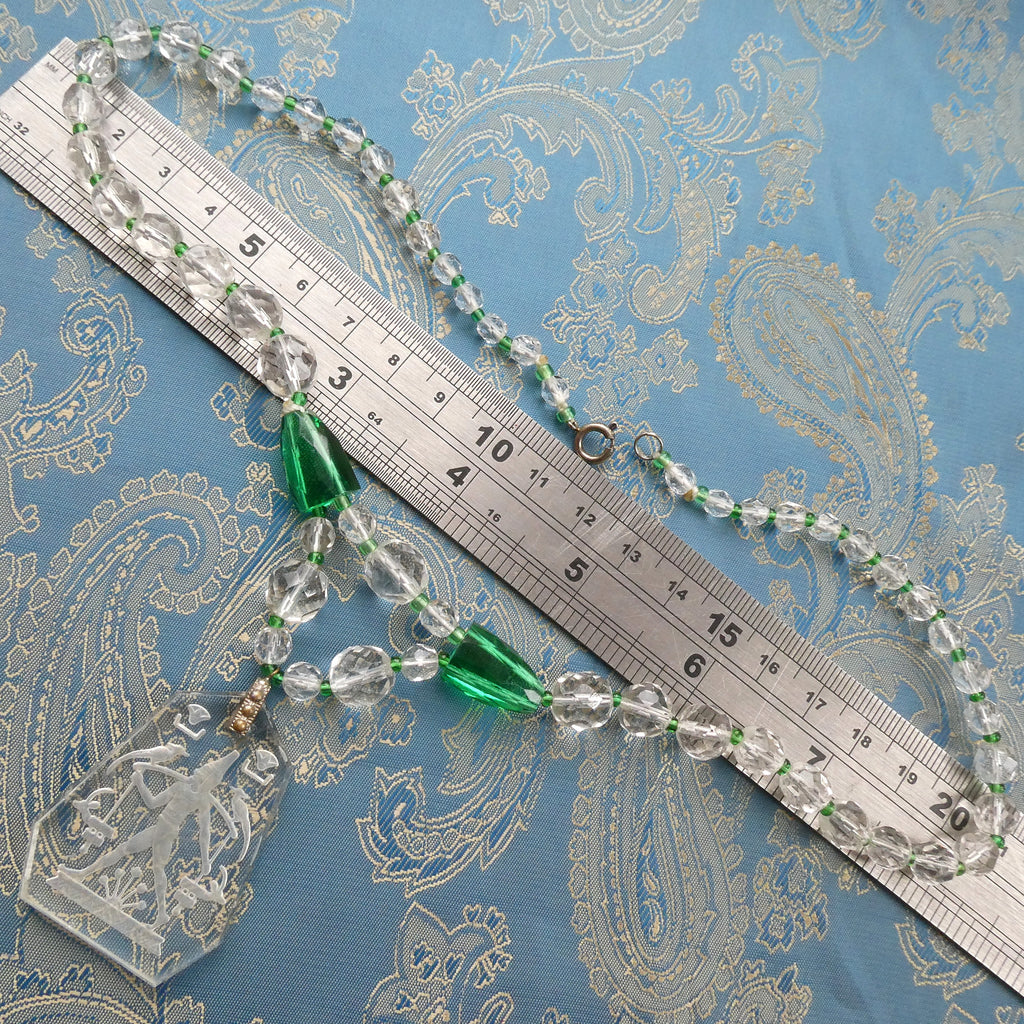 Rare Lalique Style Pendant Necklace Deco Egyptian Revival Intaglio Carved Glass & Sea Green Czech Crystal Collar