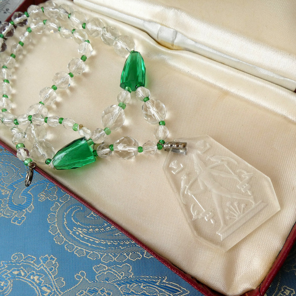 Rare Lalique Style Pendant Necklace Deco Egyptian Revival Intaglio Carved Glass & Sea Green Czech Crystal Collar