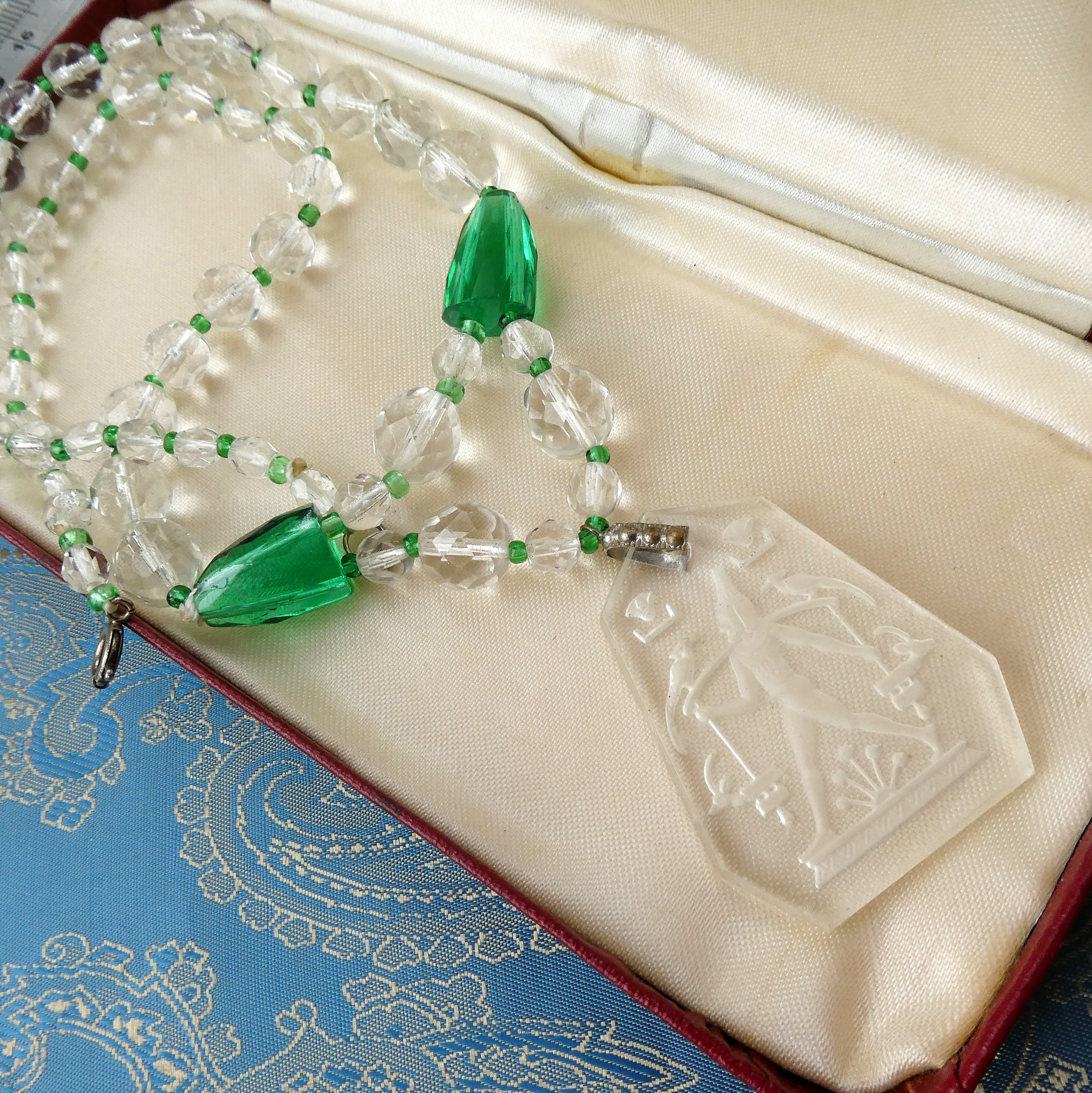 Rare Lalique Style Pendant Necklace Deco Egyptian Revival Intaglio Carved Glass & Sea Green Czech Crystal Collar