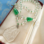 Rare Lalique Style Pendant Necklace Deco Egyptian Revival Intaglio Carved Glass & Sea Green Czech Crystal Collar