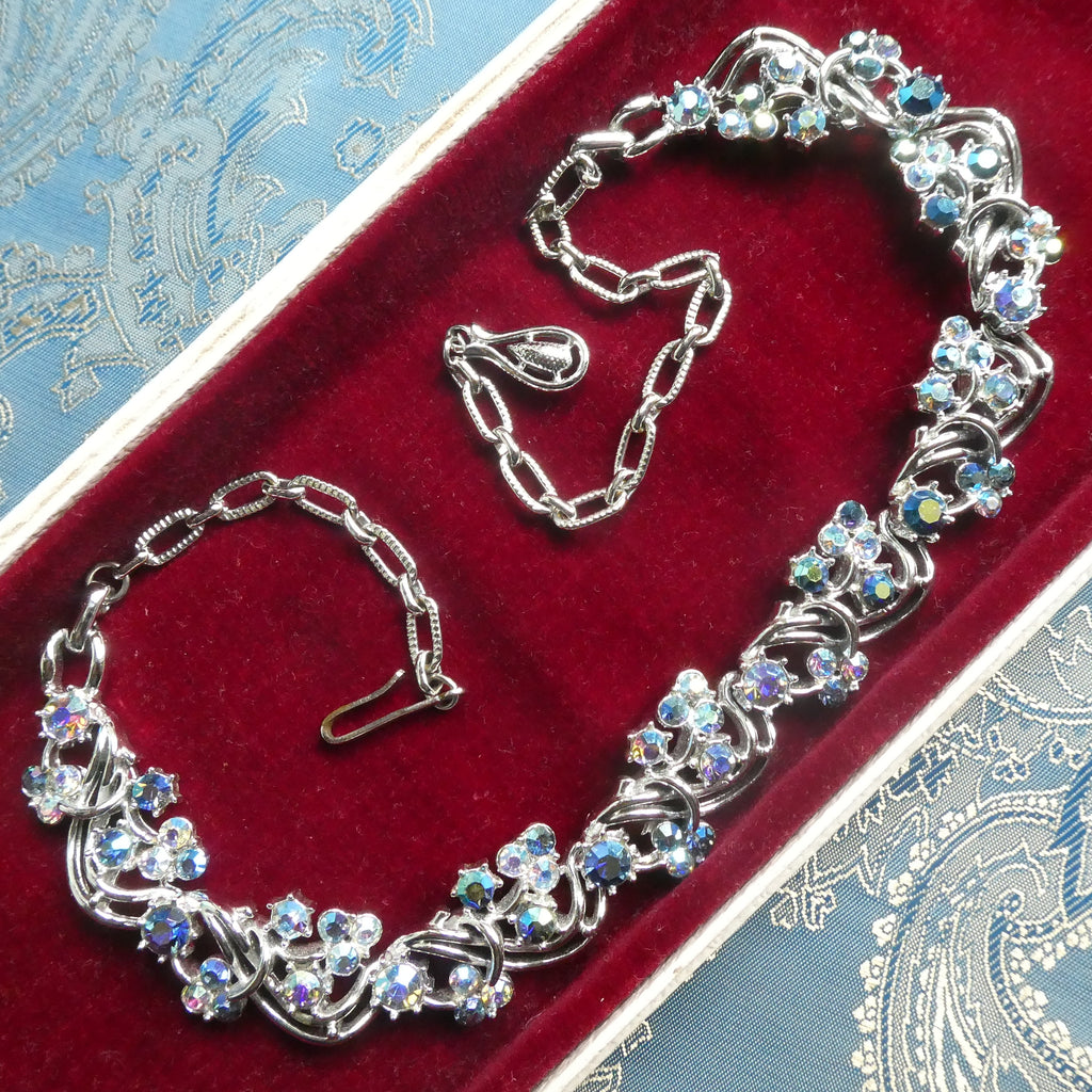 Vintage 1950s Costume Necklace Midcentury Aurora Borealis Crystal Collar, Likely Jewelcraft