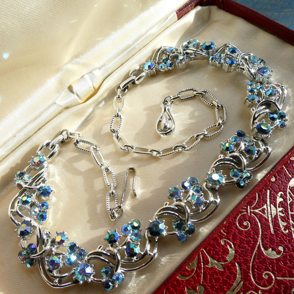 Vintage 1950s Costume Necklace Midcentury Aurora Borealis Crystal Collar, Likely Jewelcraft