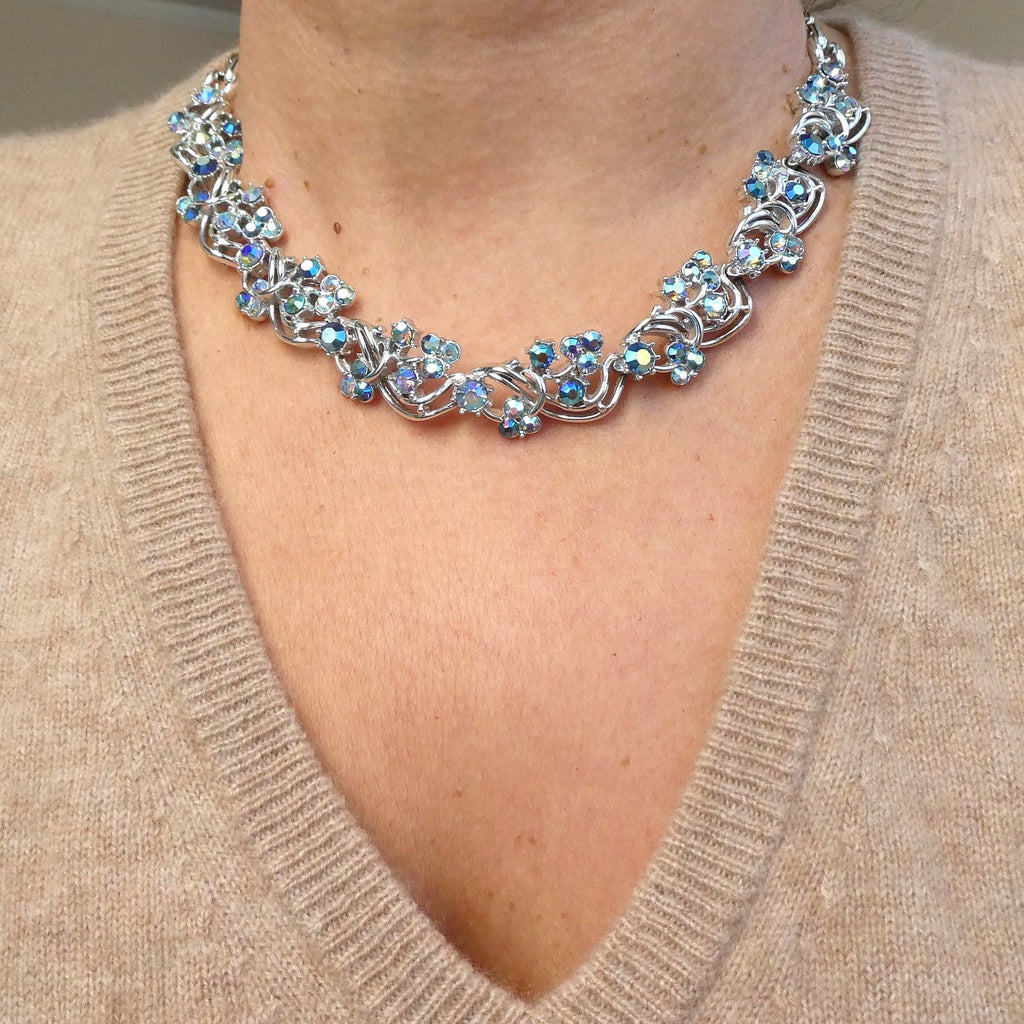 Vintage 1950s Costume Necklace Midcentury Aurora Borealis Crystal Collar, Likely Jewelcraft