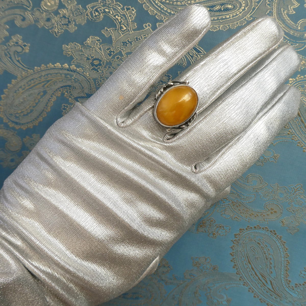 Large 6.6g Baltic Butterscotch Amber Silver Ring, 1990s Artisan Handcrafted Egg Yolk Beeswax Amber