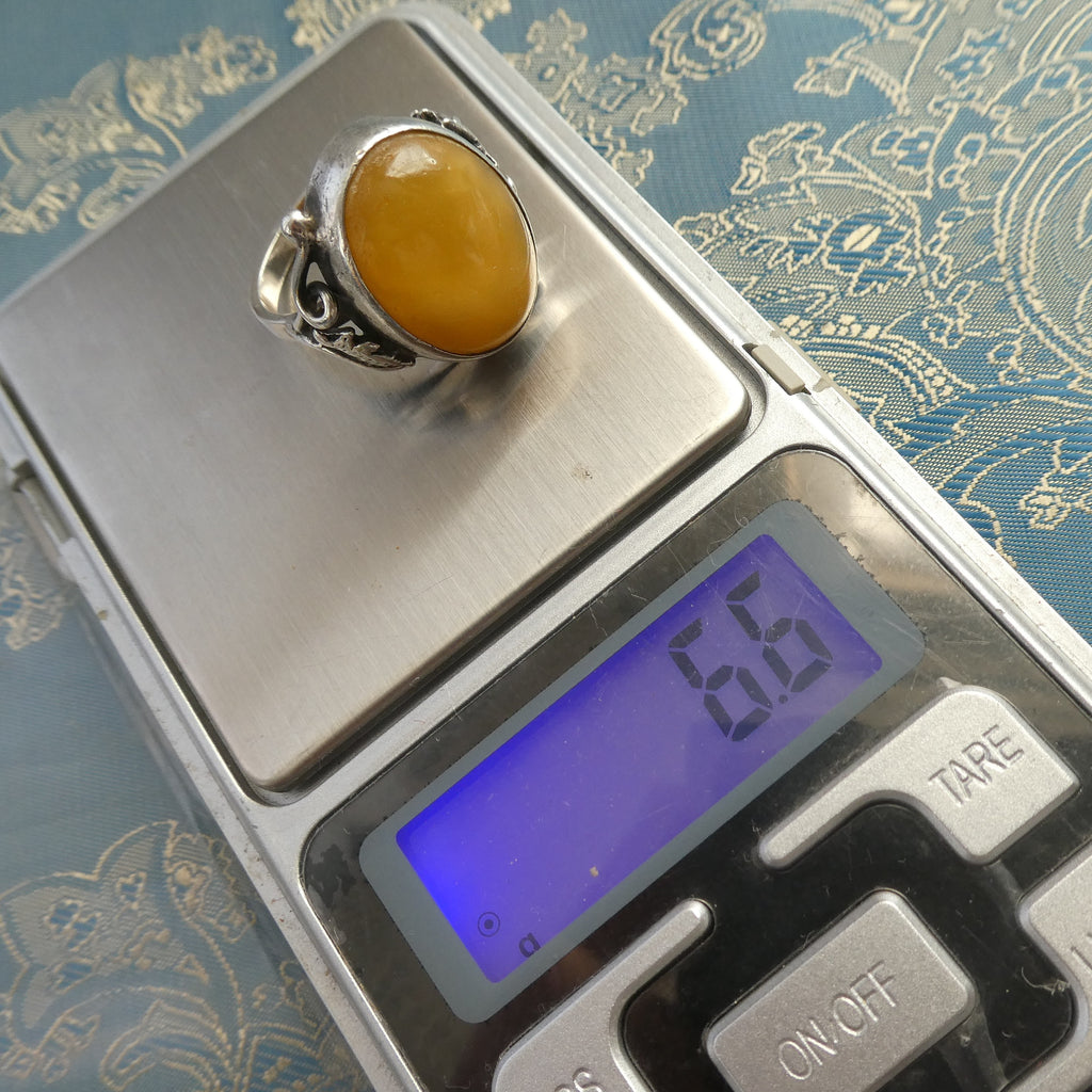 Large 6.6g Baltic Butterscotch Amber Silver Ring, 1990s Artisan Handcrafted Egg Yolk Beeswax Amber