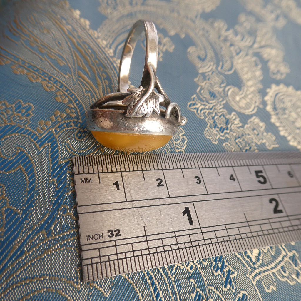 Large 6.6g Baltic Butterscotch Amber Silver Ring, 1990s Artisan Handcrafted Egg Yolk Beeswax Amber