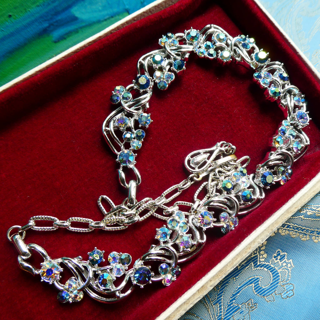 Vintage 1950s Costume Necklace Midcentury Aurora Borealis Crystal Collar, Likely Jewelcraft