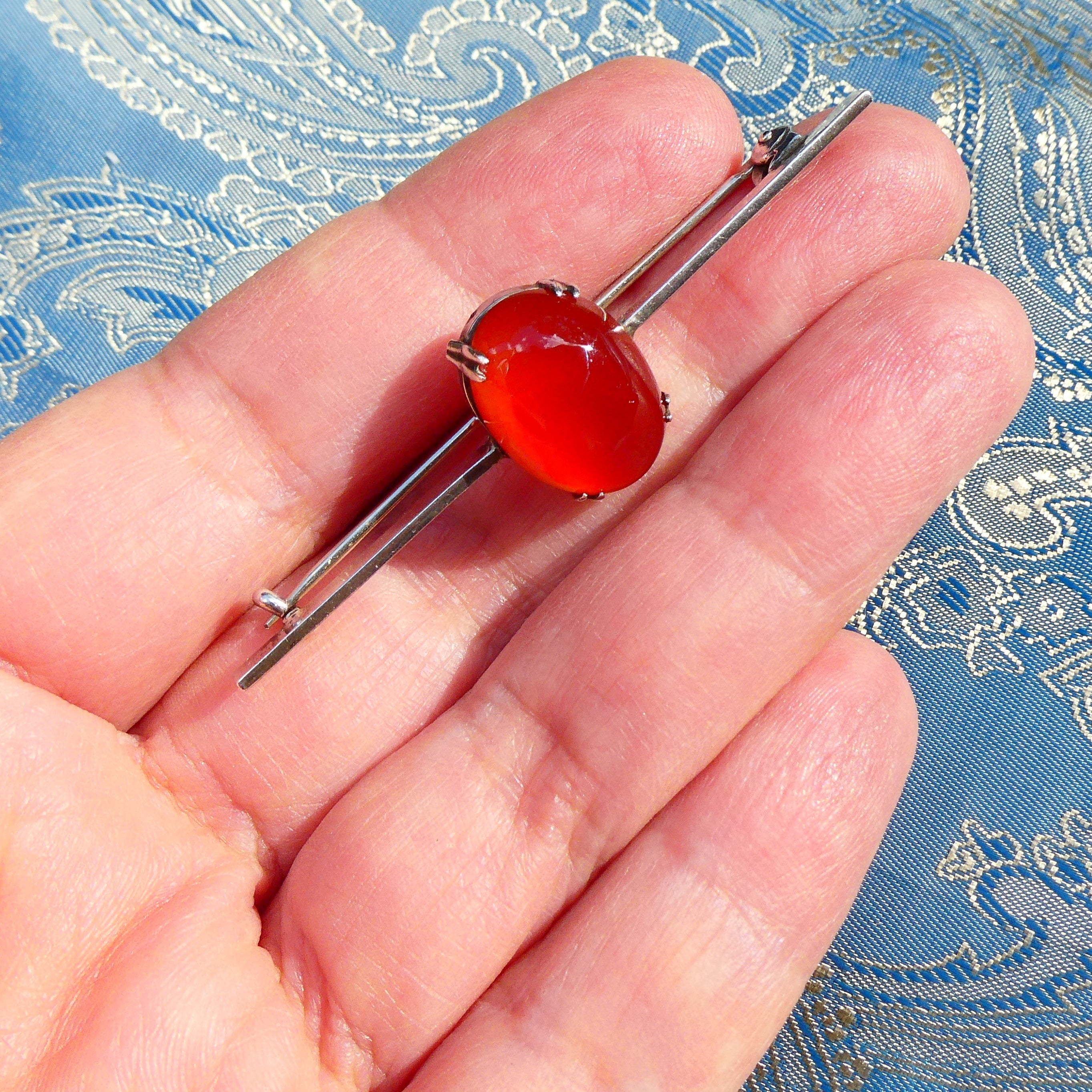 Antique Equestrian Deco Brooch Sterling Silver Carnelian Stock Pin c. 1910-1920