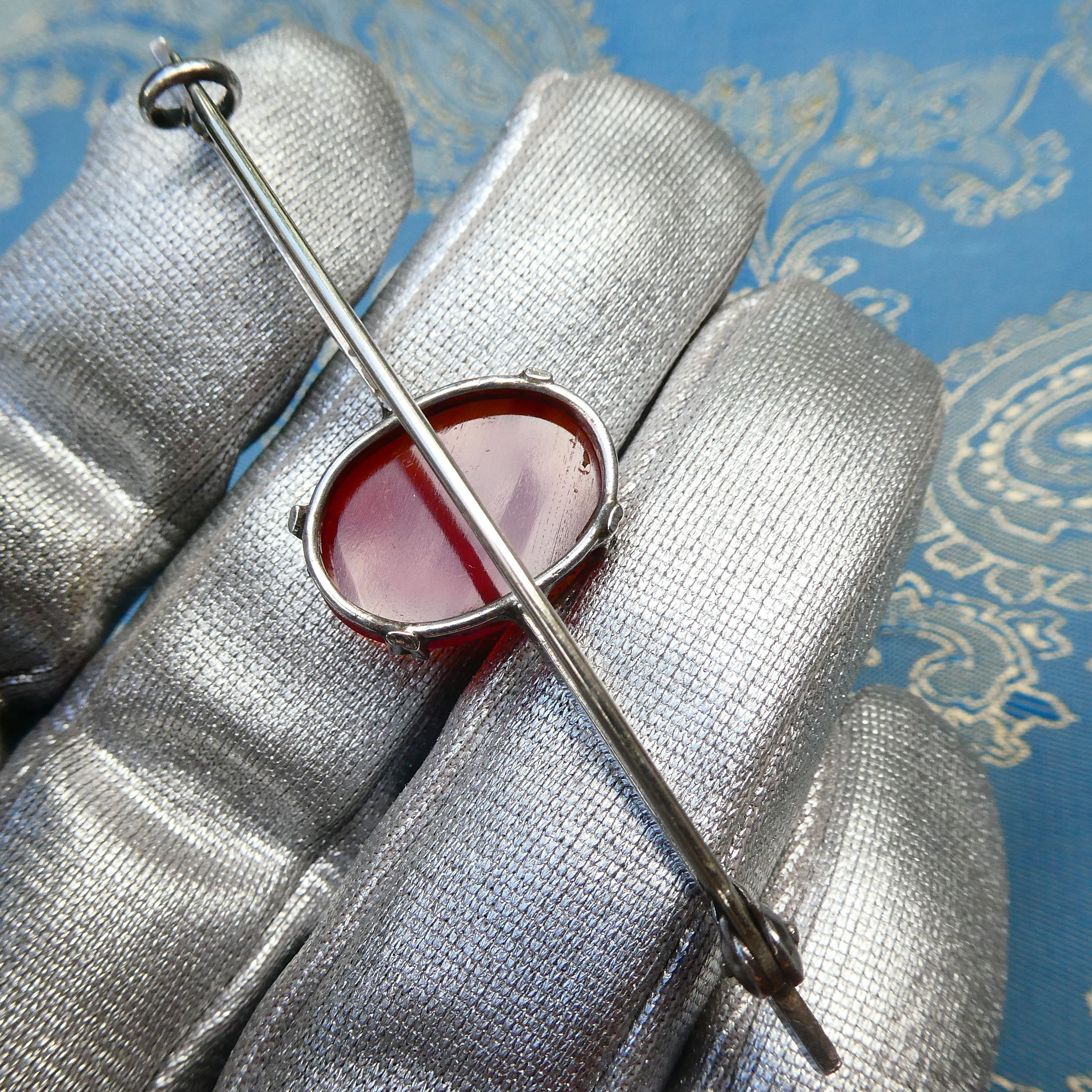 Antique Equestrian Deco Brooch Sterling Silver Carnelian Stock Pin c. 1910-1920
