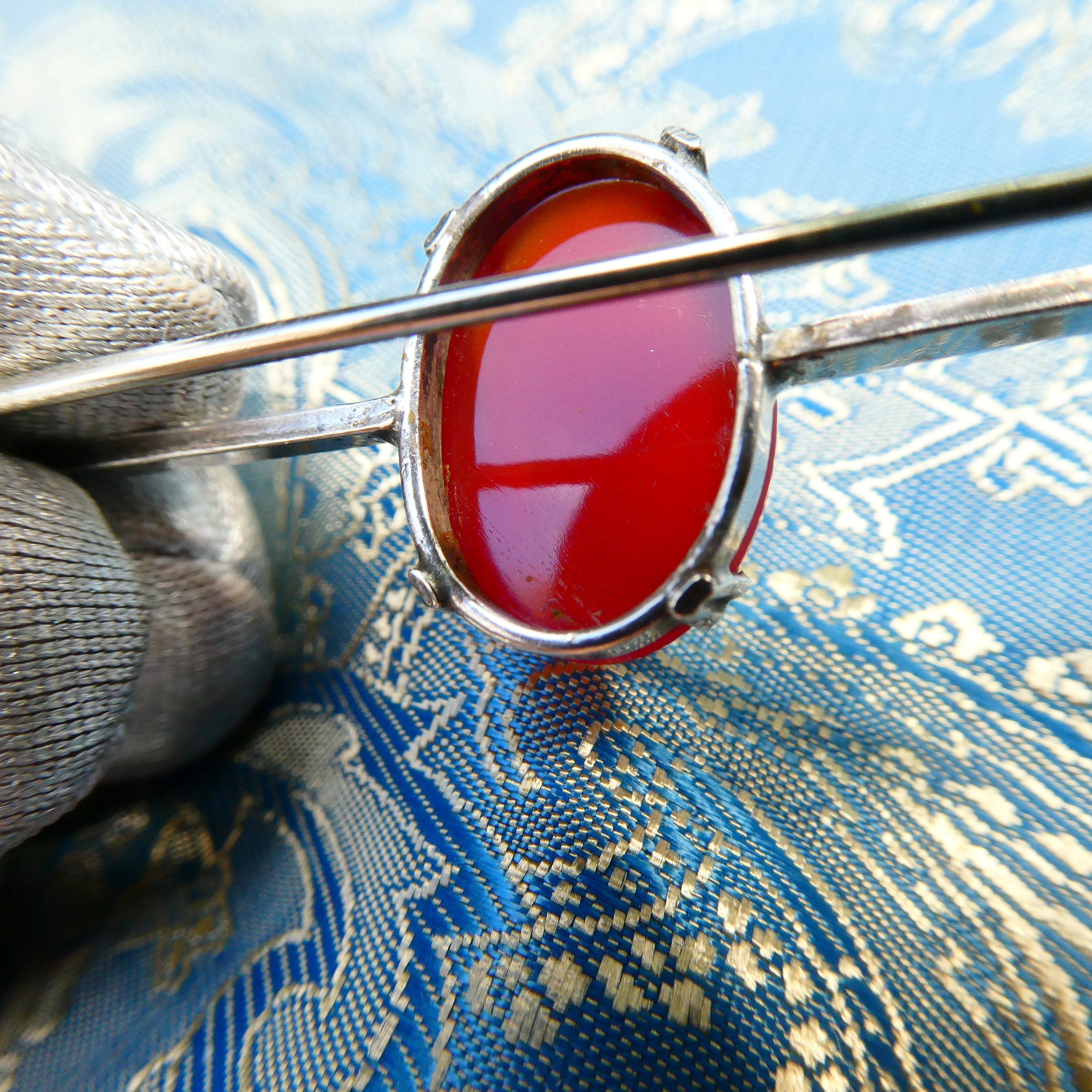 Antique Equestrian Deco Brooch Sterling Silver Carnelian Stock Pin c. 1910-1920