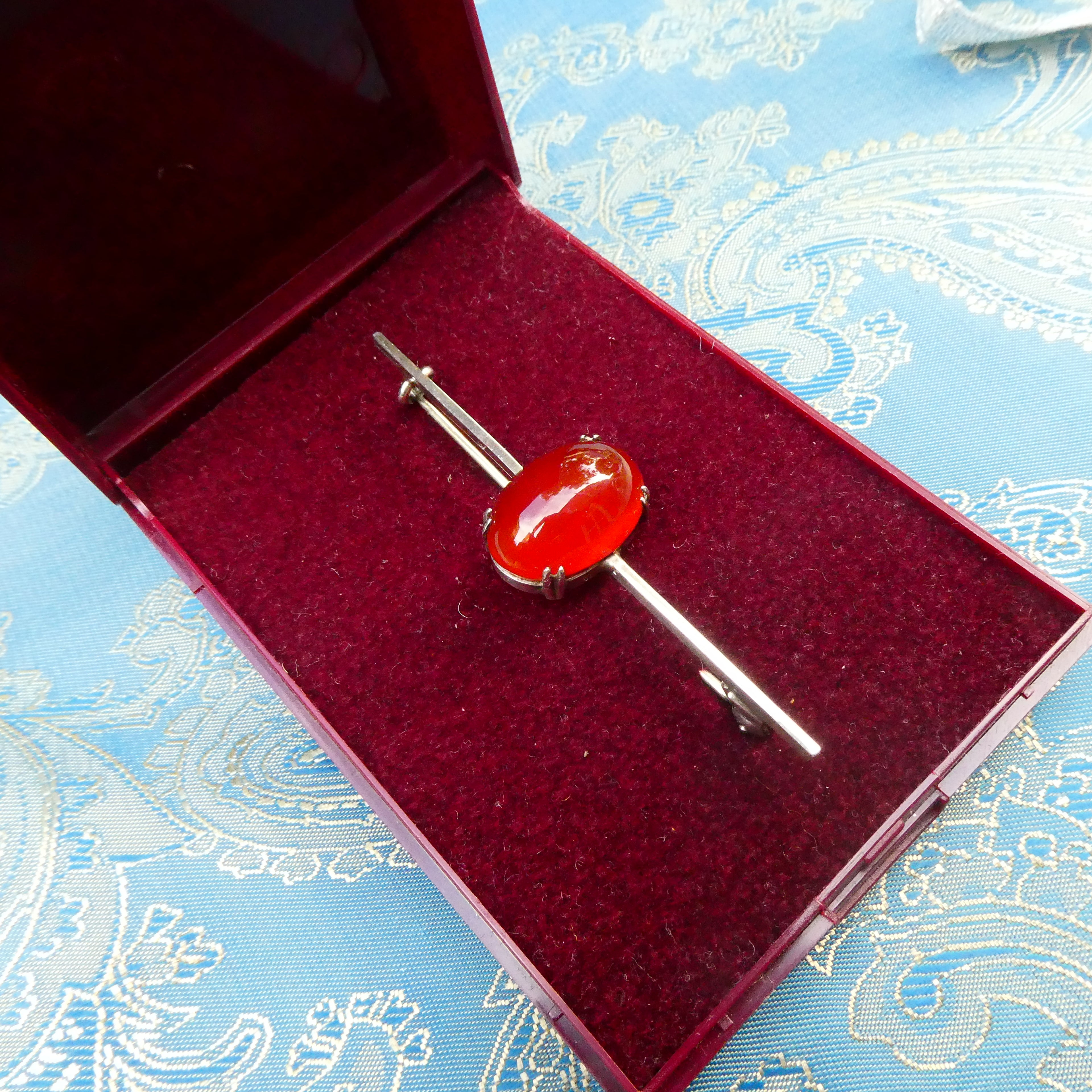 Antique Equestrian Deco Brooch Sterling Silver Carnelian Stock Pin c. 1910-1920