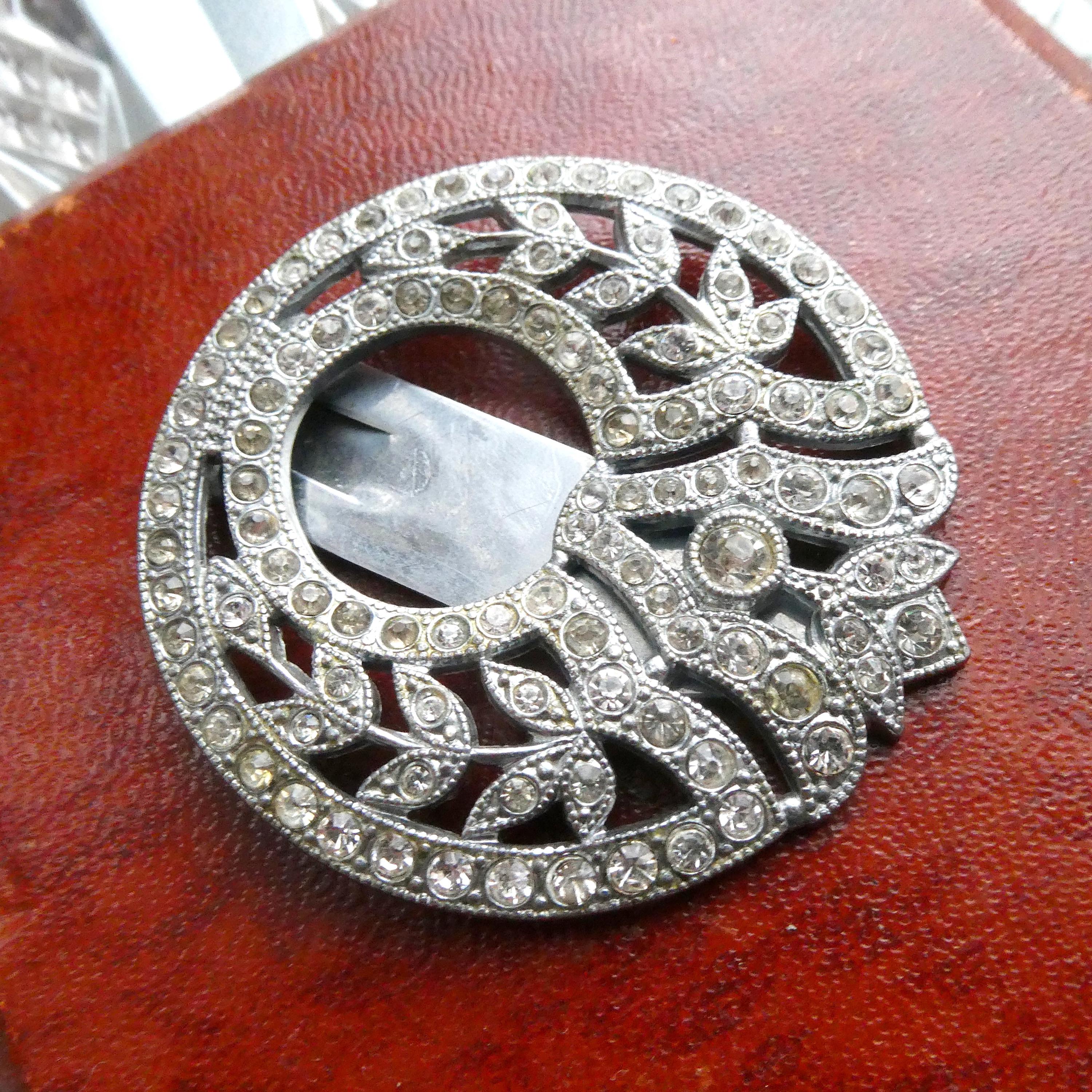 Antique Art Deco Dress Clip Brooch Large Diamante Buckle Pin