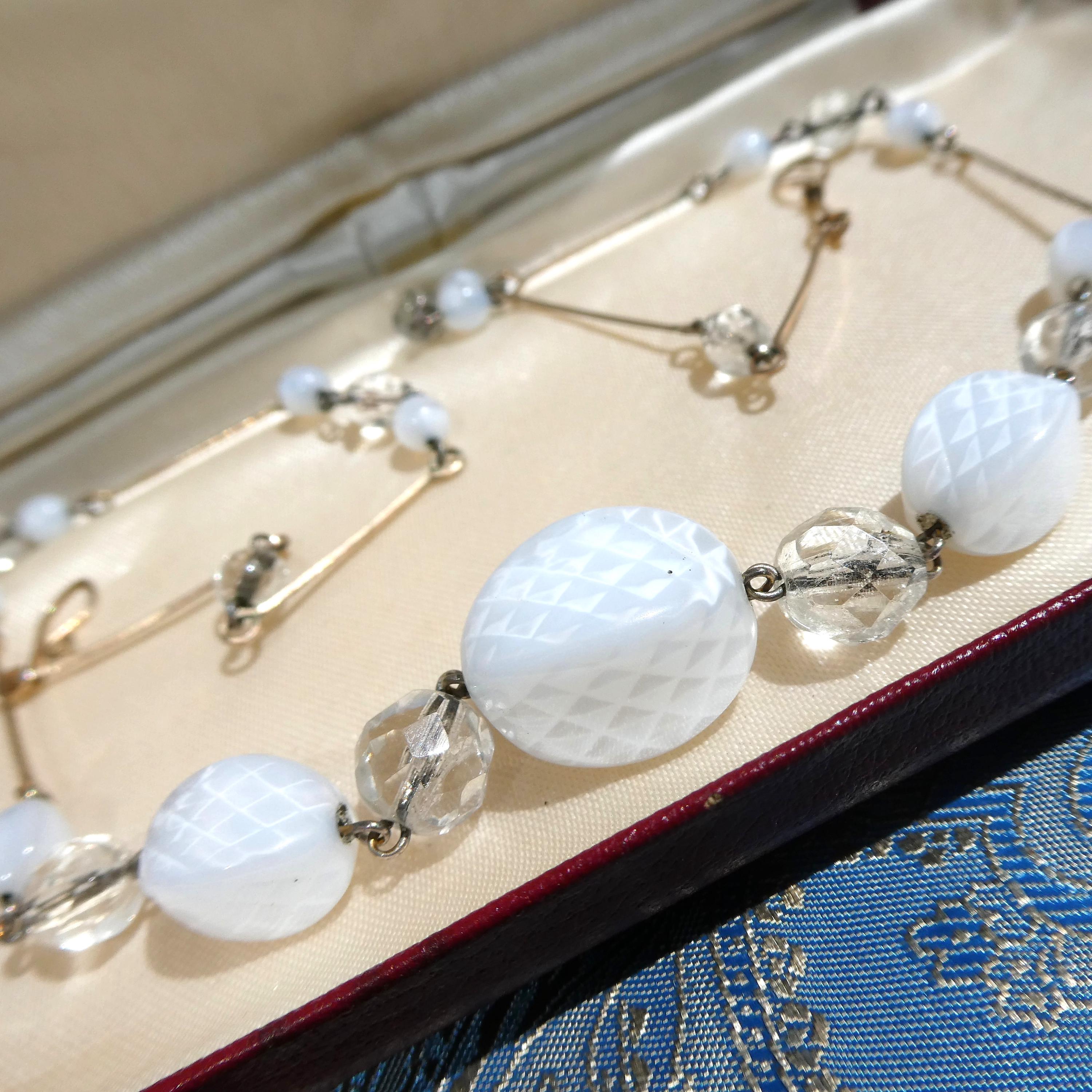 Antique Deco Czech Necklace 1920s Optical Illusion Art Glass Crystal Rolled Gold Wire Collar