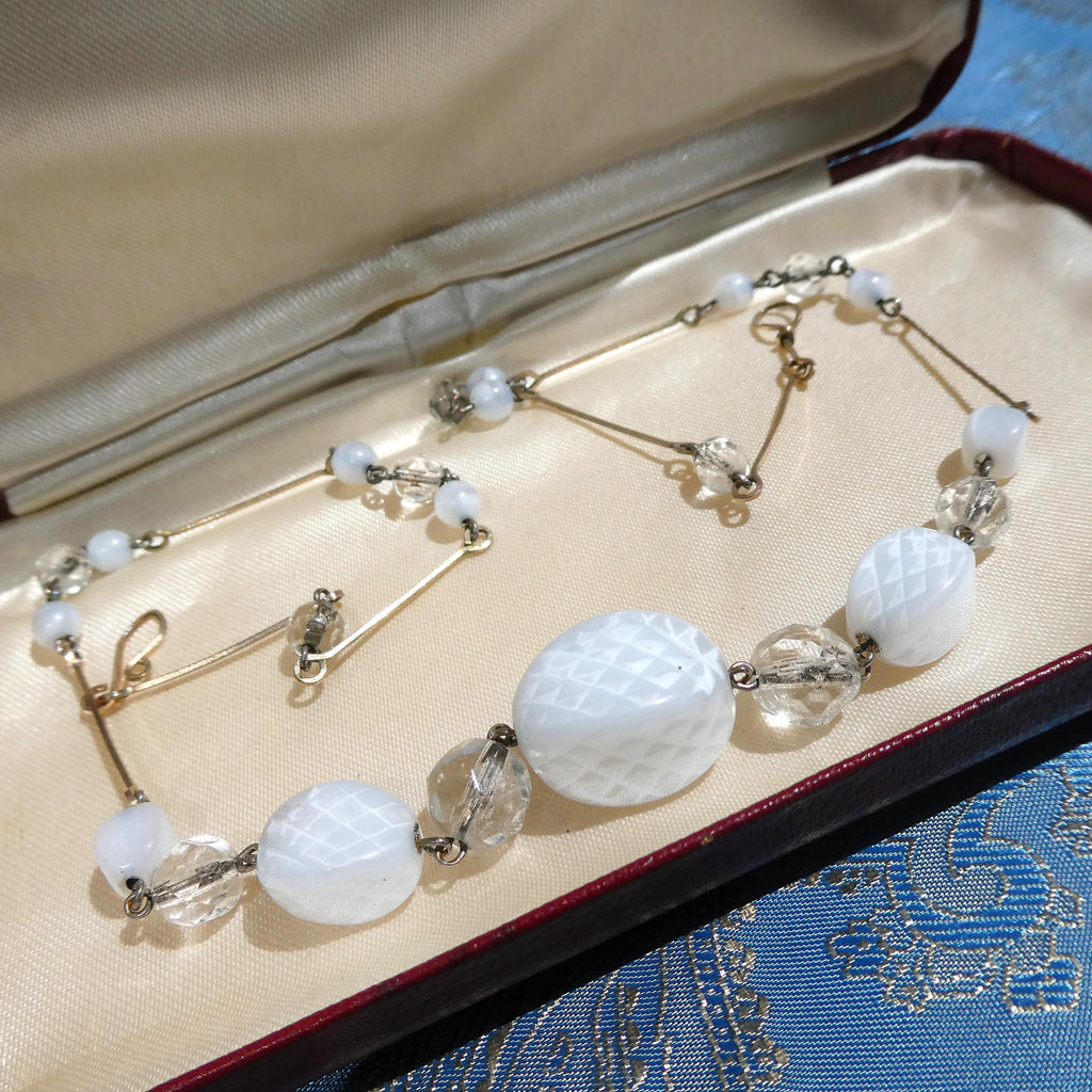 Antique Deco Czech Necklace 1920s Optical Illusion Art Glass Crystal Rolled Gold Wire Collar