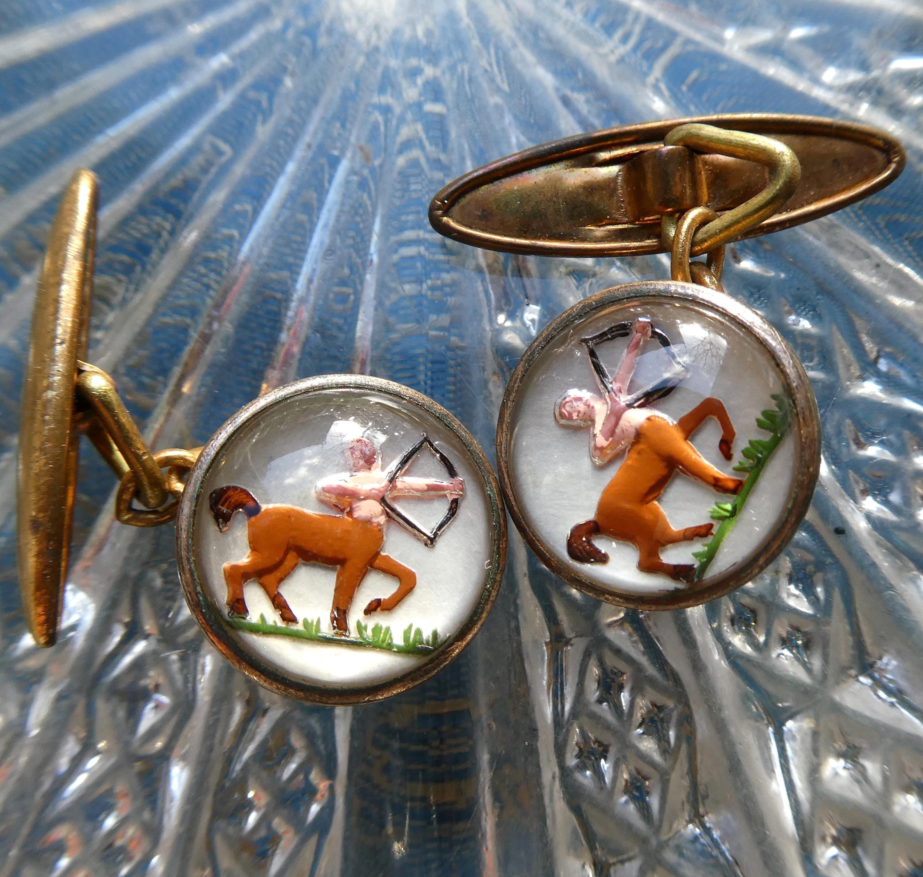 Antique Deco Cufflinks Sagittarius Zodiac Sign Intaglio Reverse Painted Essex Crystal Glass December Birthday