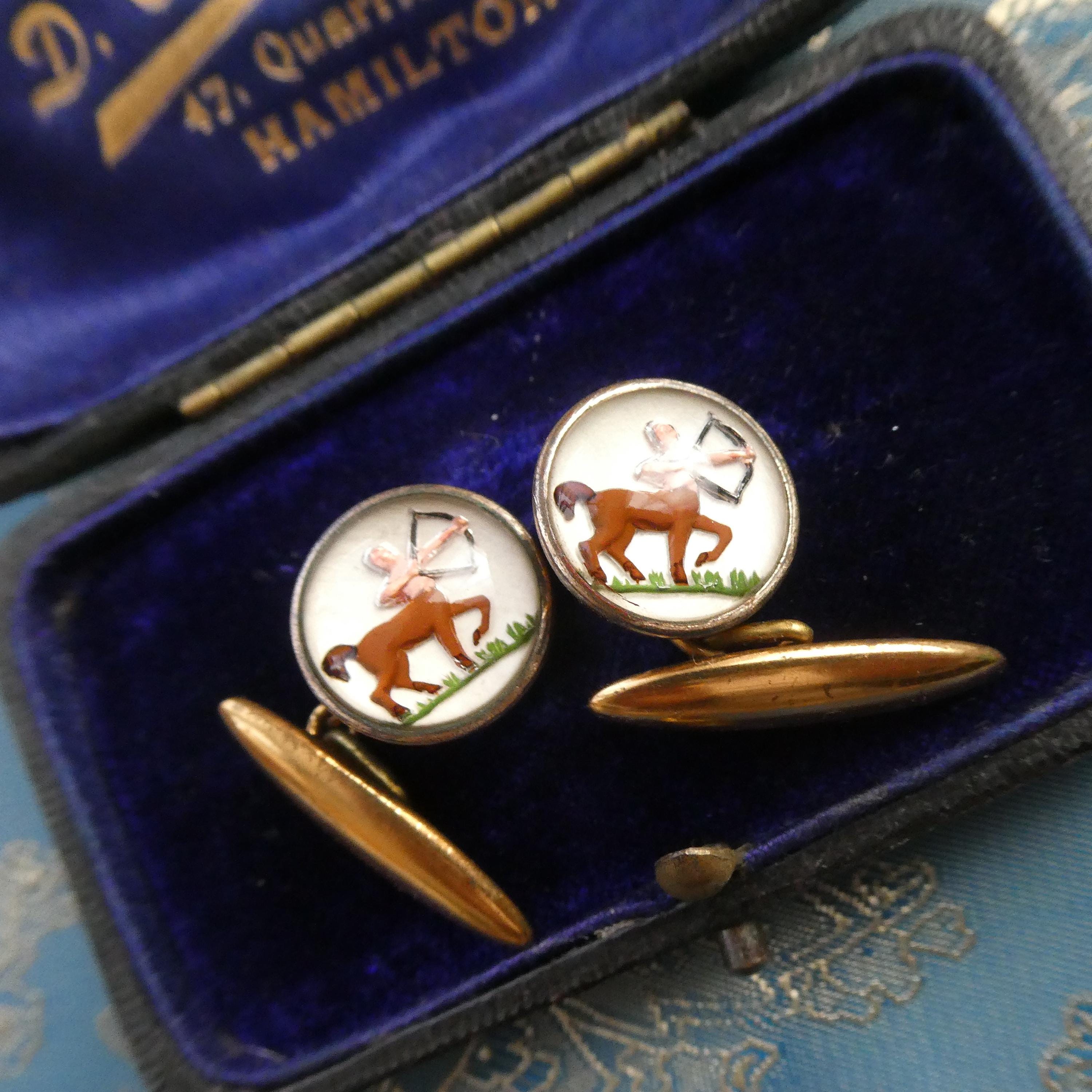 Antique Deco Cufflinks Sagittarius Zodiac Sign Intaglio Reverse Painted Essex Crystal Glass December Birthday