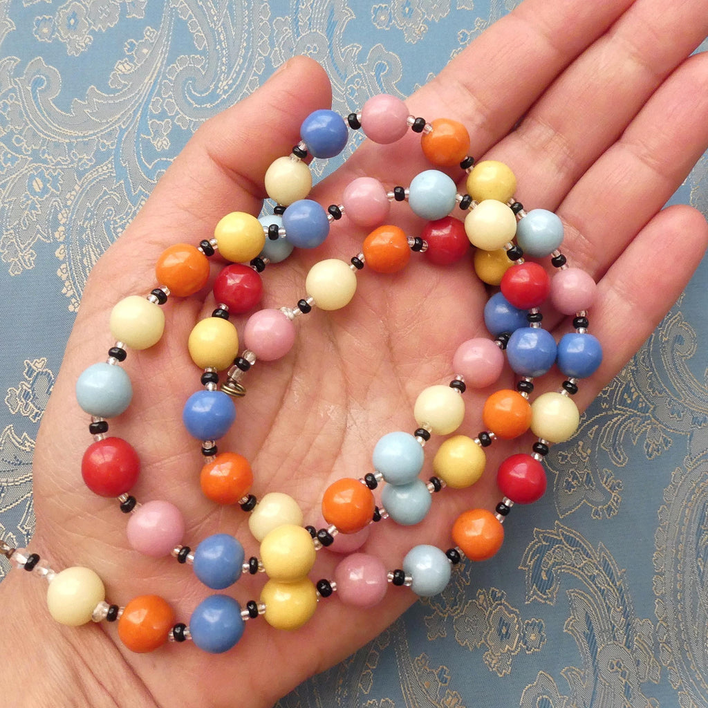 Vintage Deco Necklace, 1930s Czech Harlequin Art Glass Multicoloured Beads