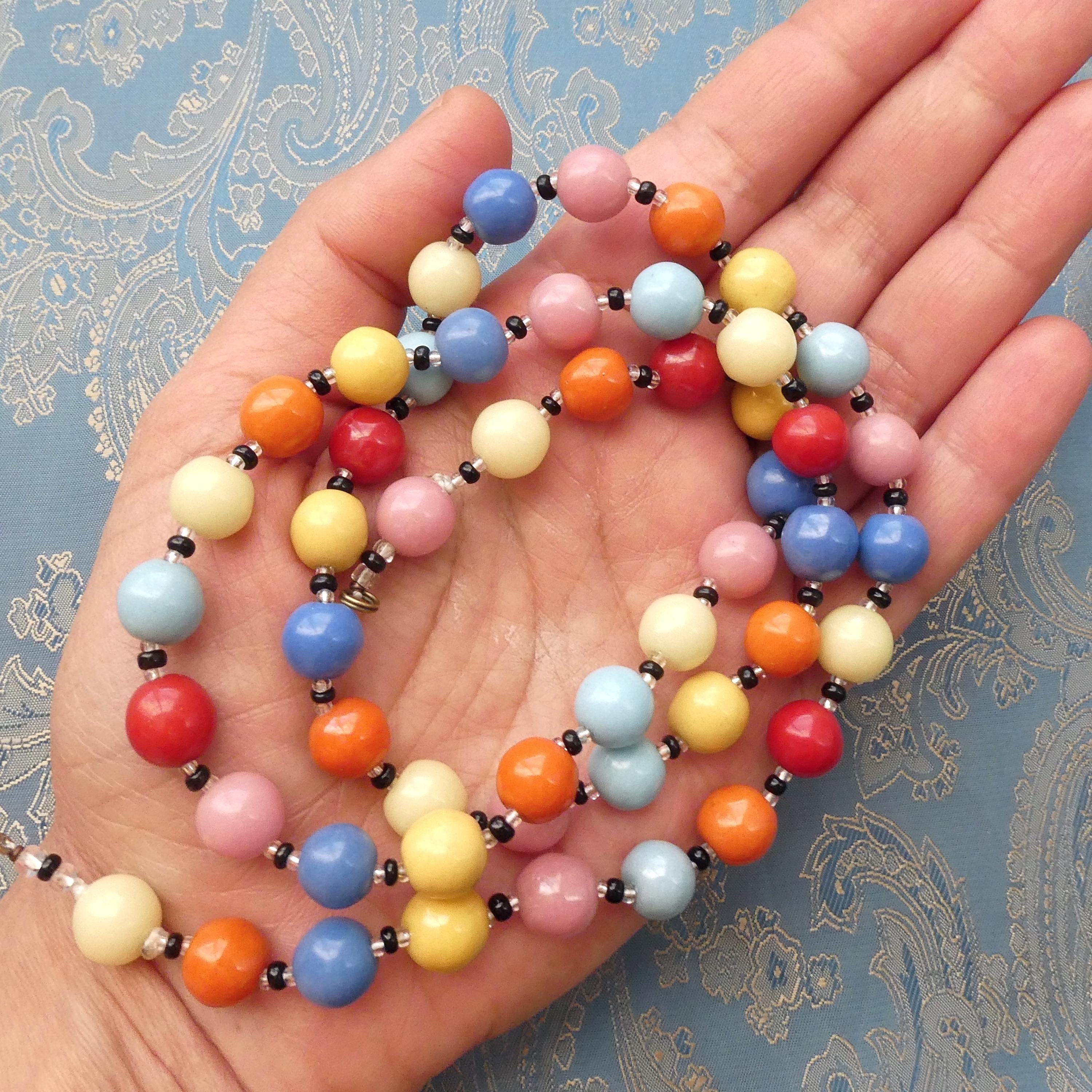 Vintage Deco Necklace, 1930s Czech Harlequin Art Glass Multicoloured Beads