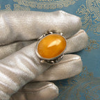Large 6.6g Baltic Butterscotch Amber Silver Ring, 1990s Artisan Handcrafted Egg Yolk Beeswax Amber