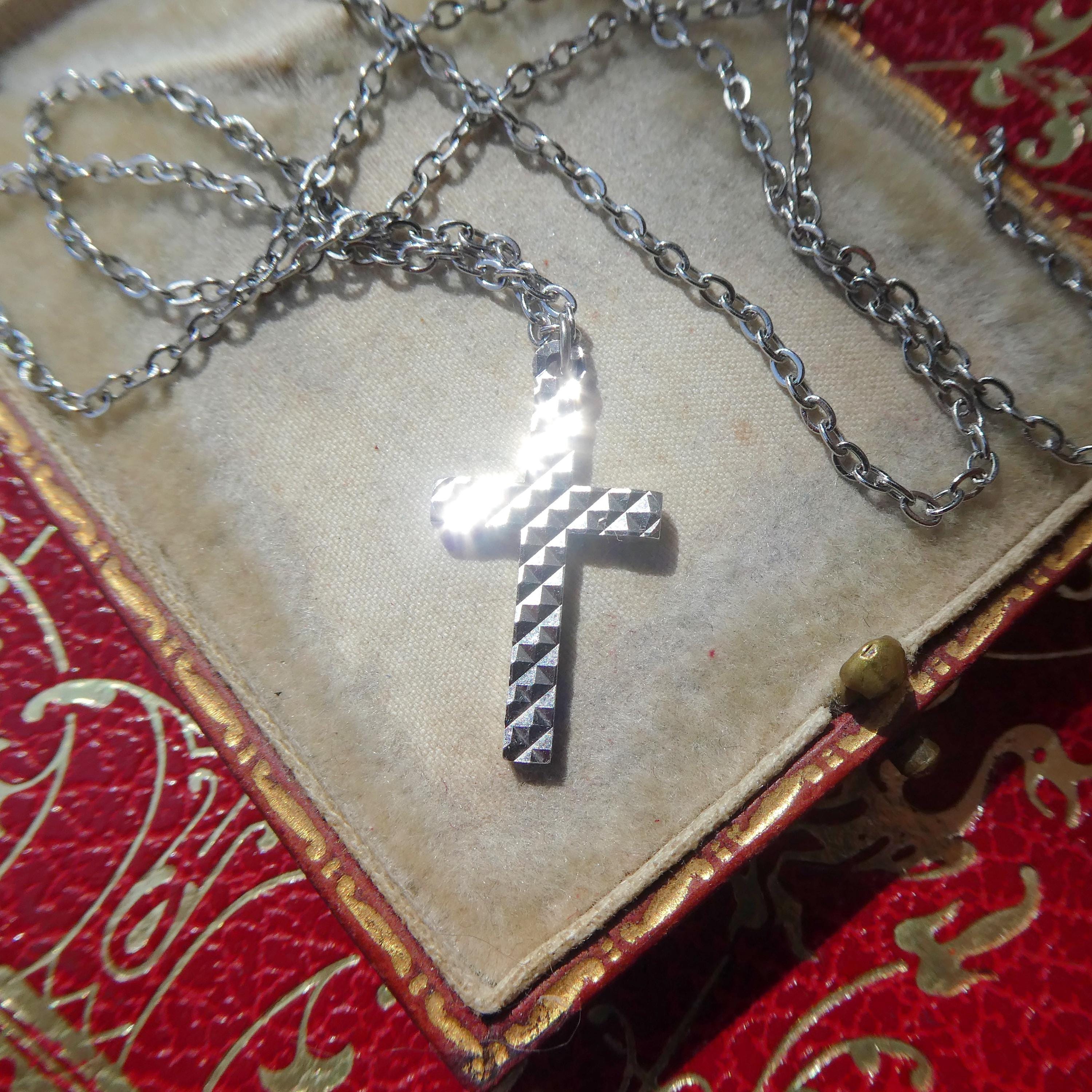 Vintage Diamond Cut Cross Pendant 1970s Shiny Mod Polished Christian Jewelry
