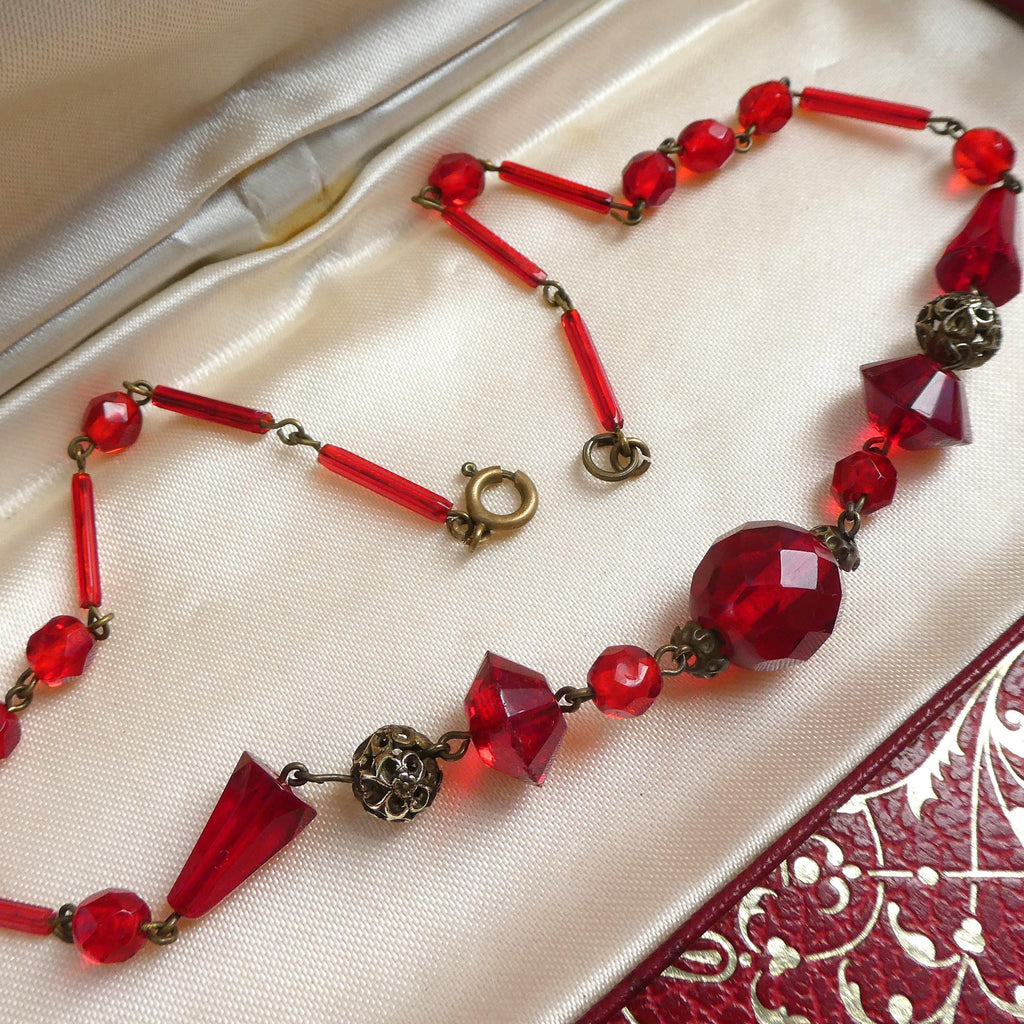 Antique 1920s Deco Neiger Brothers Necklace Chinoiserie Pierced Spheres & Blood Red Czech (Bohemian) Crystal