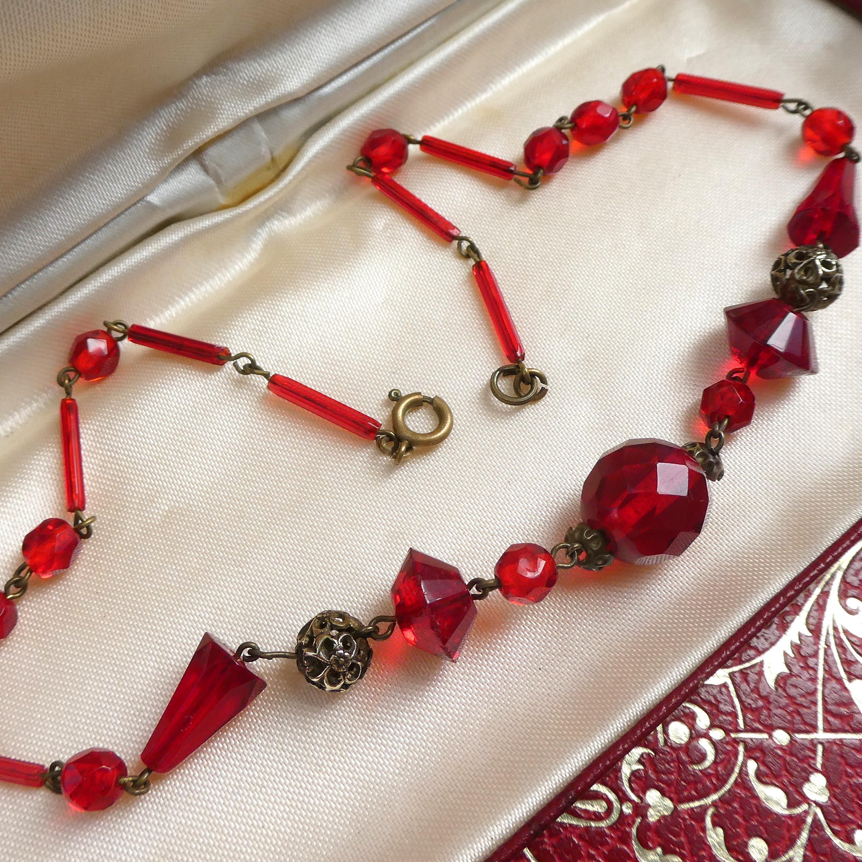Antique 1920s Deco Neiger Brothers Necklace Chinoiserie Pierced Spheres & Blood Red Czech (Bohemian) Crystal