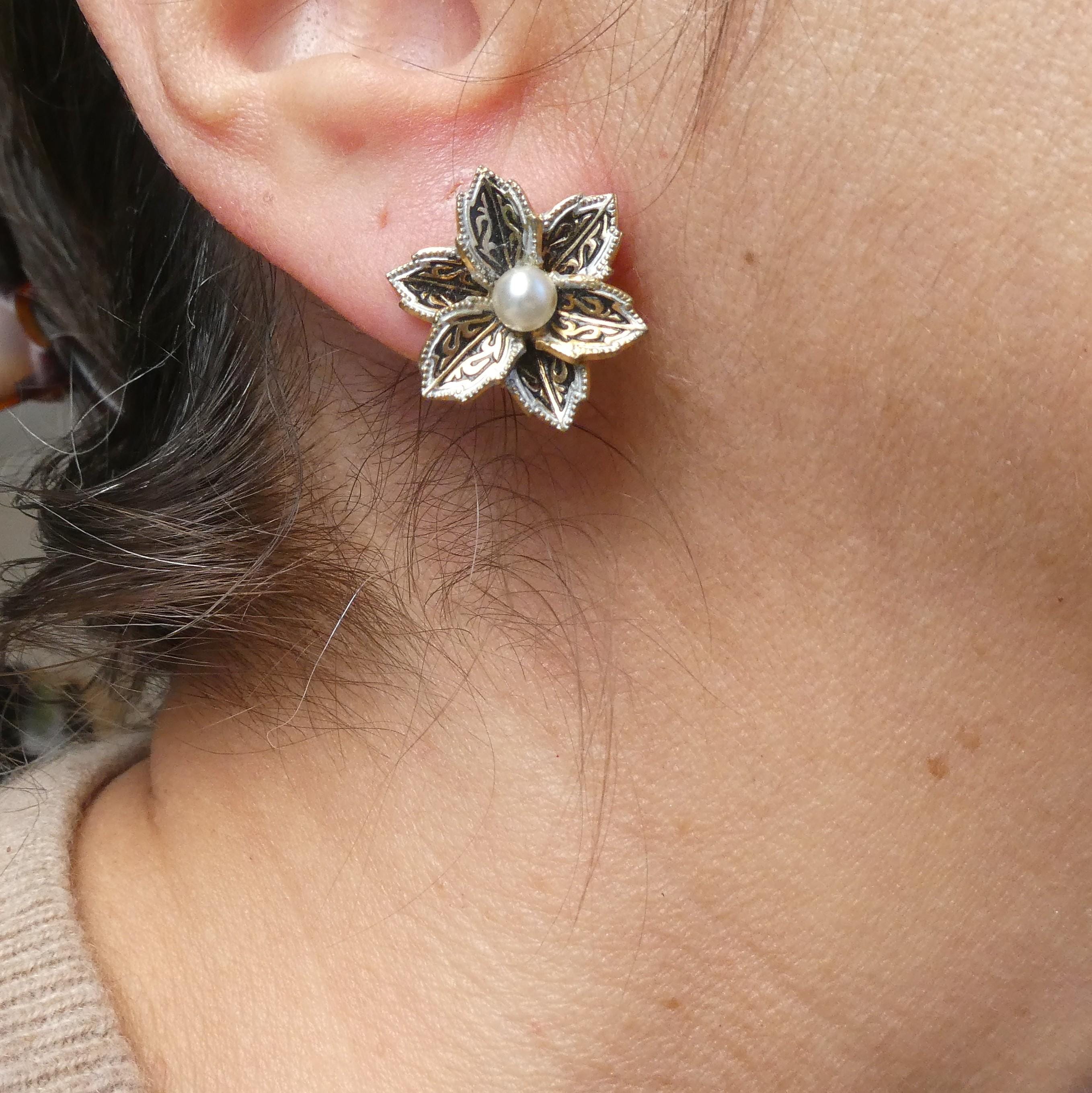 1950s Vintage Flower Earrings Spanish Damascene Style Glass Pearl Clip-Ons