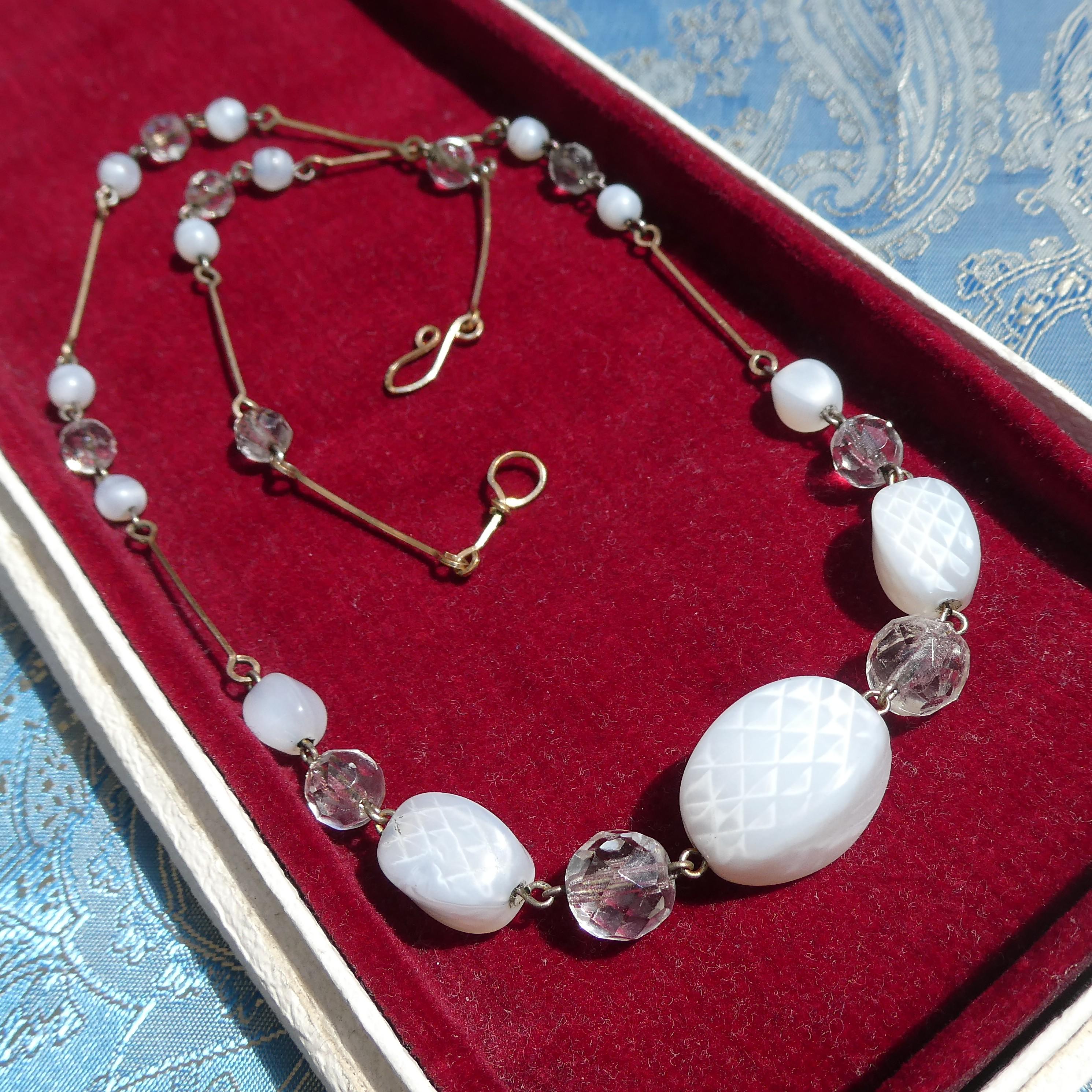 Antique Deco Czech Necklace 1920s Optical Illusion Art Glass Crystal Rolled Gold Wire Collar