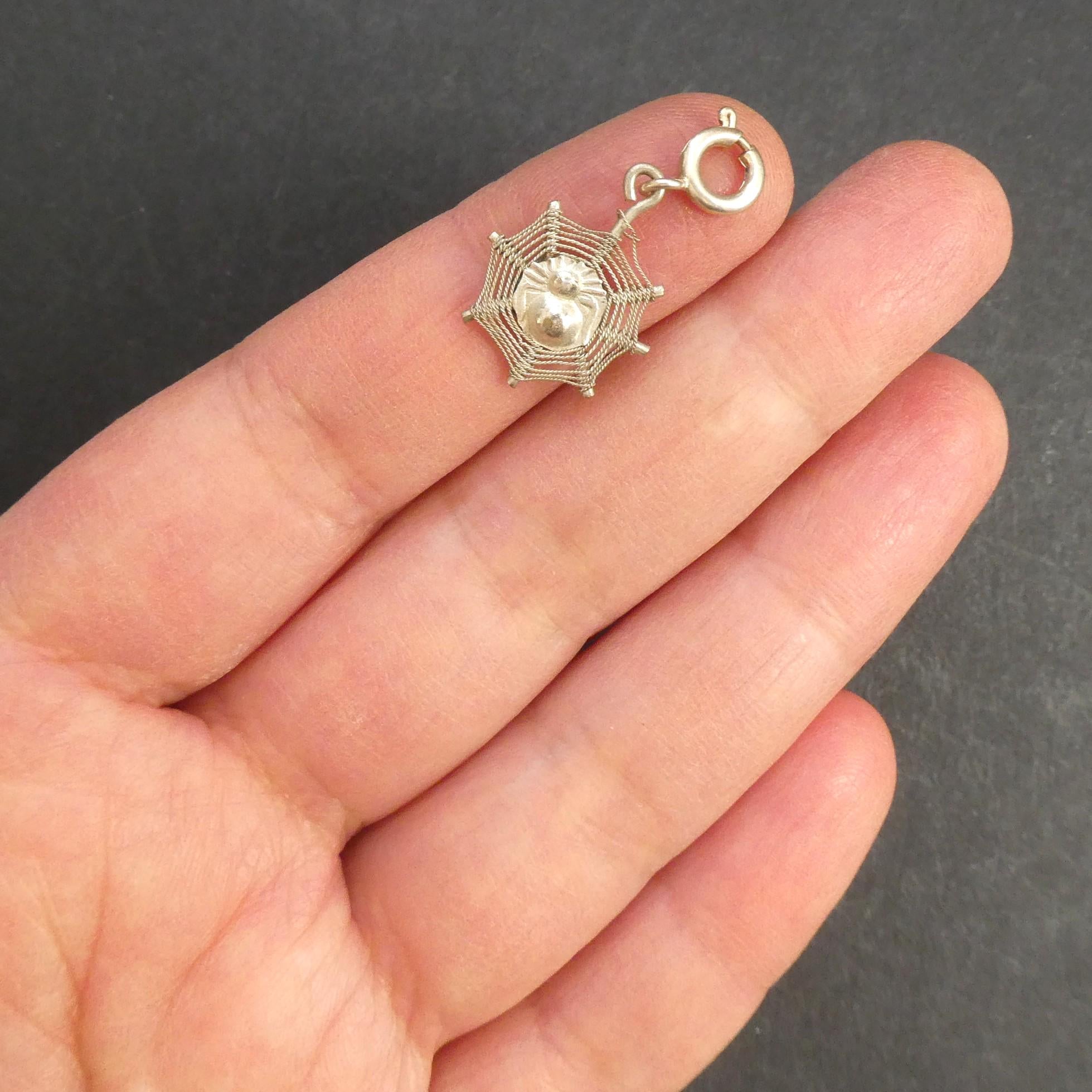 Vintage Silver Spider Charm Pendant for Bracelet Necklace Filigree Web Insect Charm