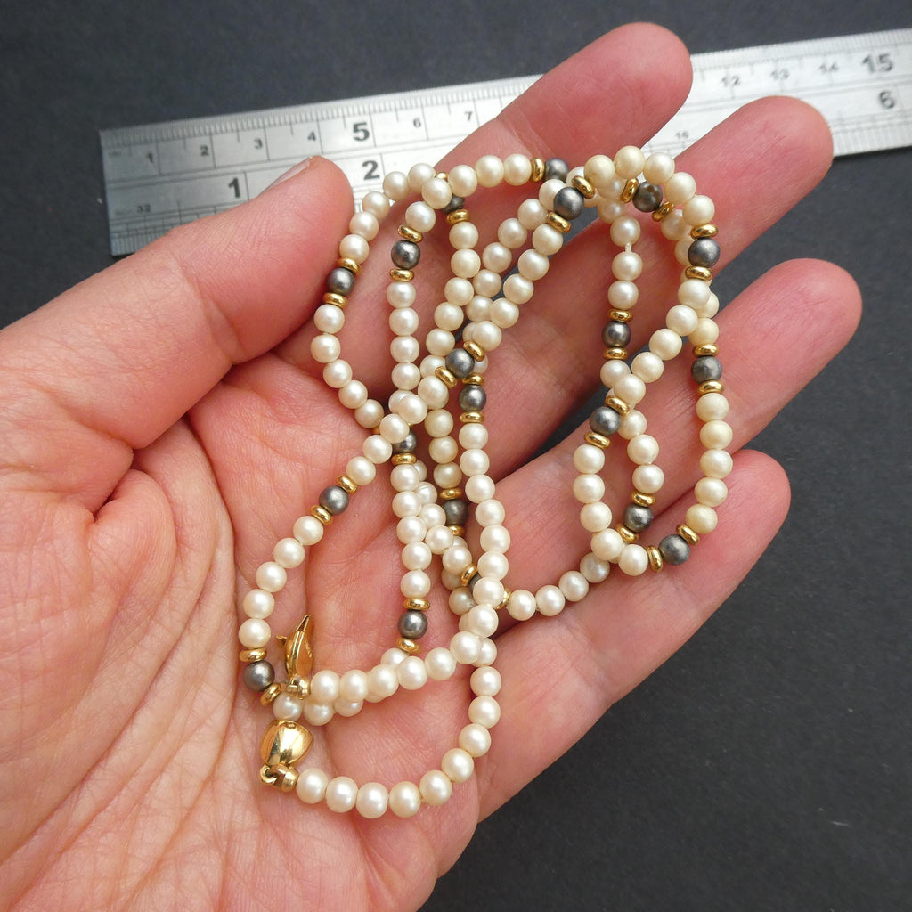 Vintage Monet Glass Pearl Necklace 1980s Dainty Black & White Pearl Matinee Rope