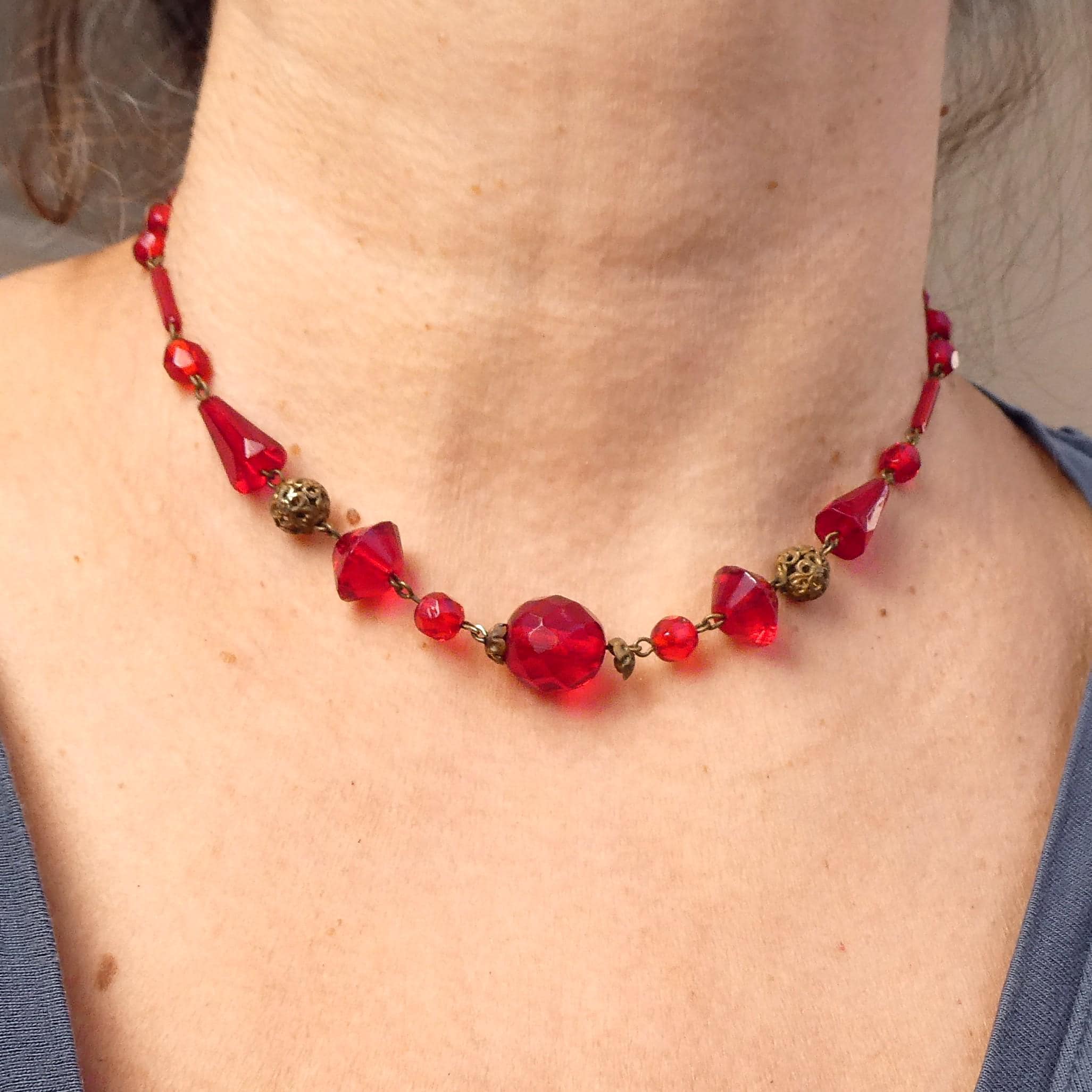 Antique 1920s Deco Neiger Brothers Necklace Chinoiserie Pierced Spheres & Blood Red Czech (Bohemian) Crystal