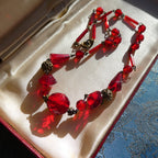 Antique 1920s Deco Neiger Brothers Necklace Chinoiserie Pierced Spheres & Blood Red Czech (Bohemian) Crystal