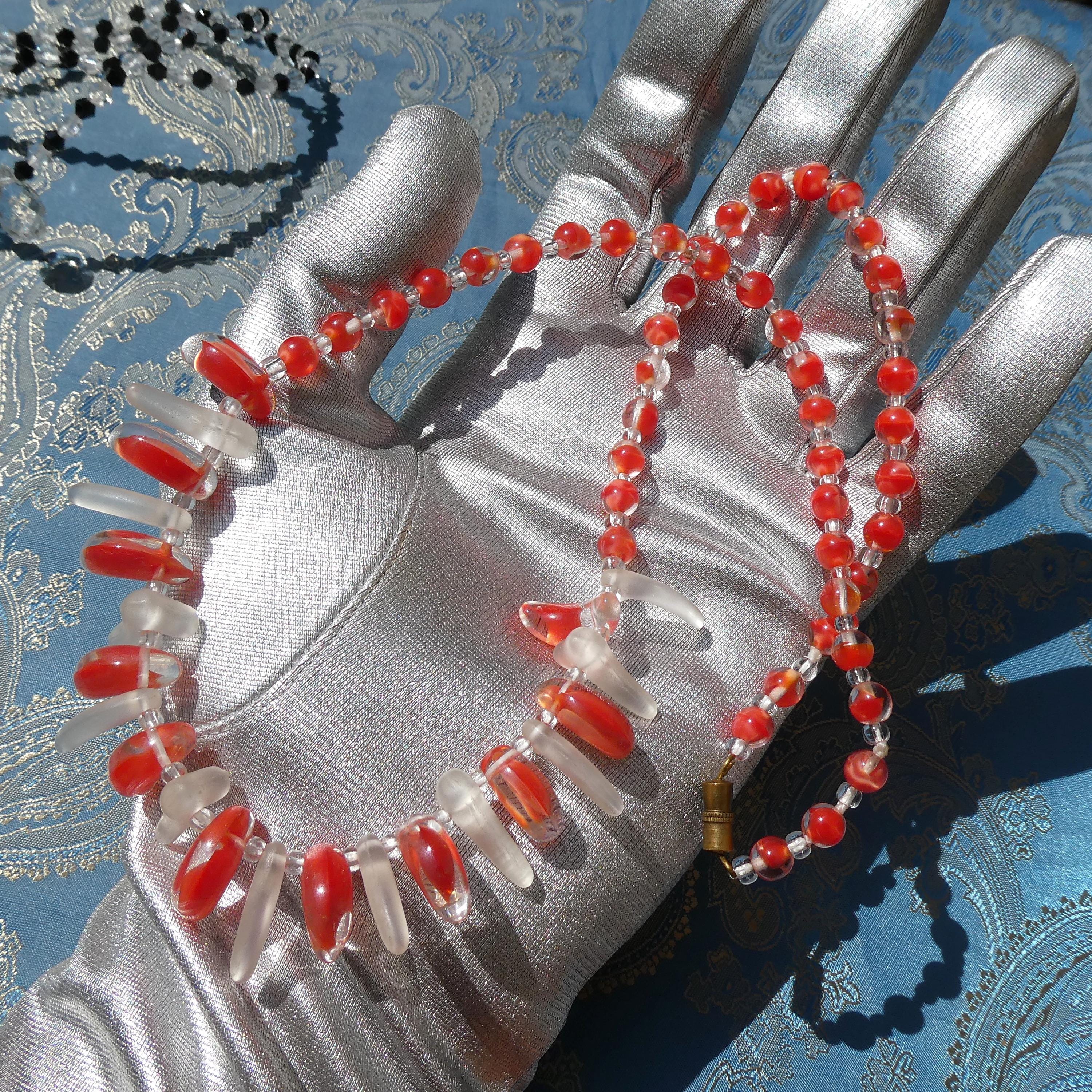Vintage 50s Sommerso Glass Necklace Coral Art Glass Fringe Collar