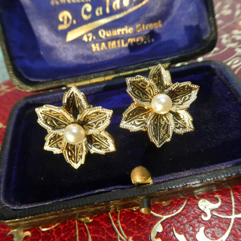 1950s Vintage Flower Earrings Spanish Damascene Style Glass Pearl Clip-Ons