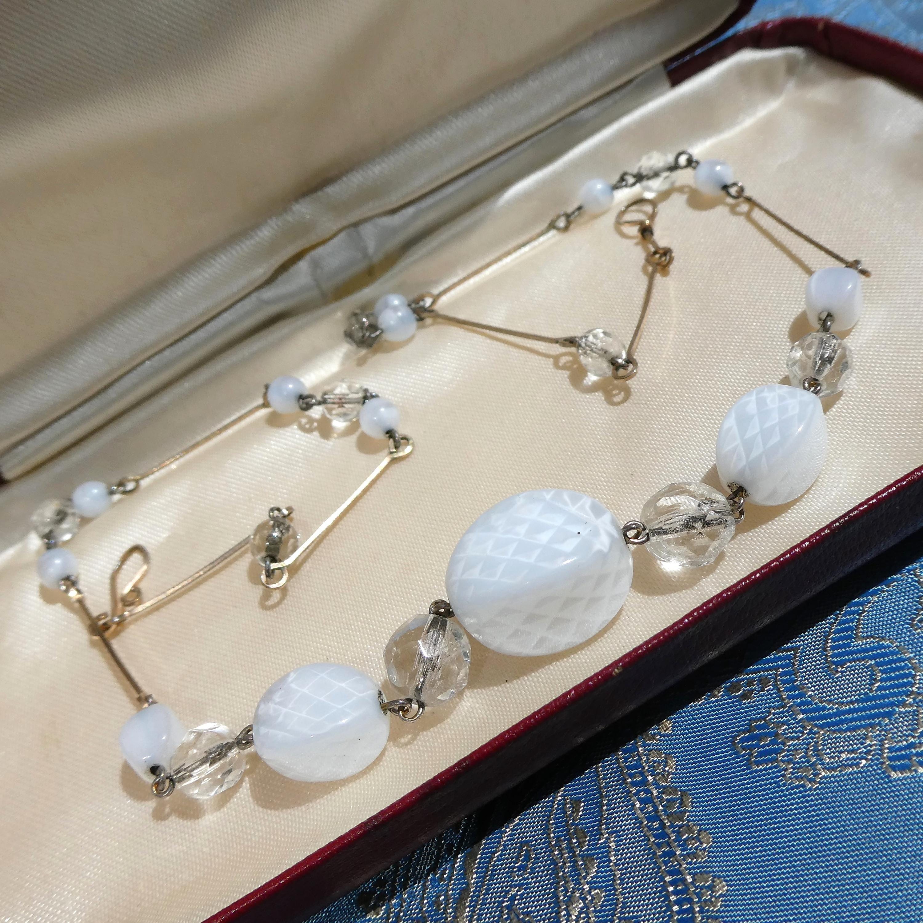 Antique Deco Czech Necklace 1920s Optical Illusion Art Glass Crystal Rolled Gold Wire Collar