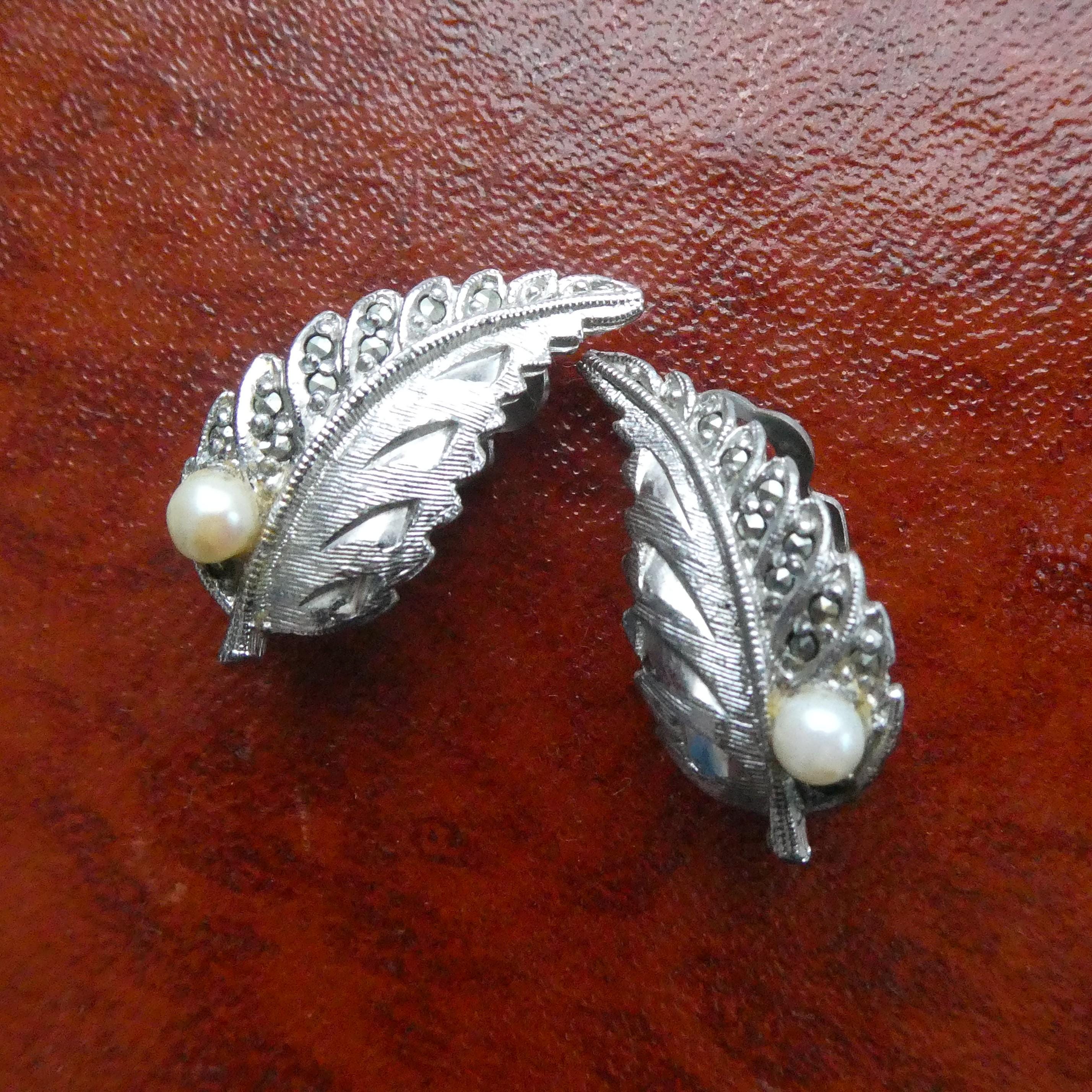 Vintage Sphinx Earrings Real Pearl Midcentury 1960s Marcasite Leaf Clip-on